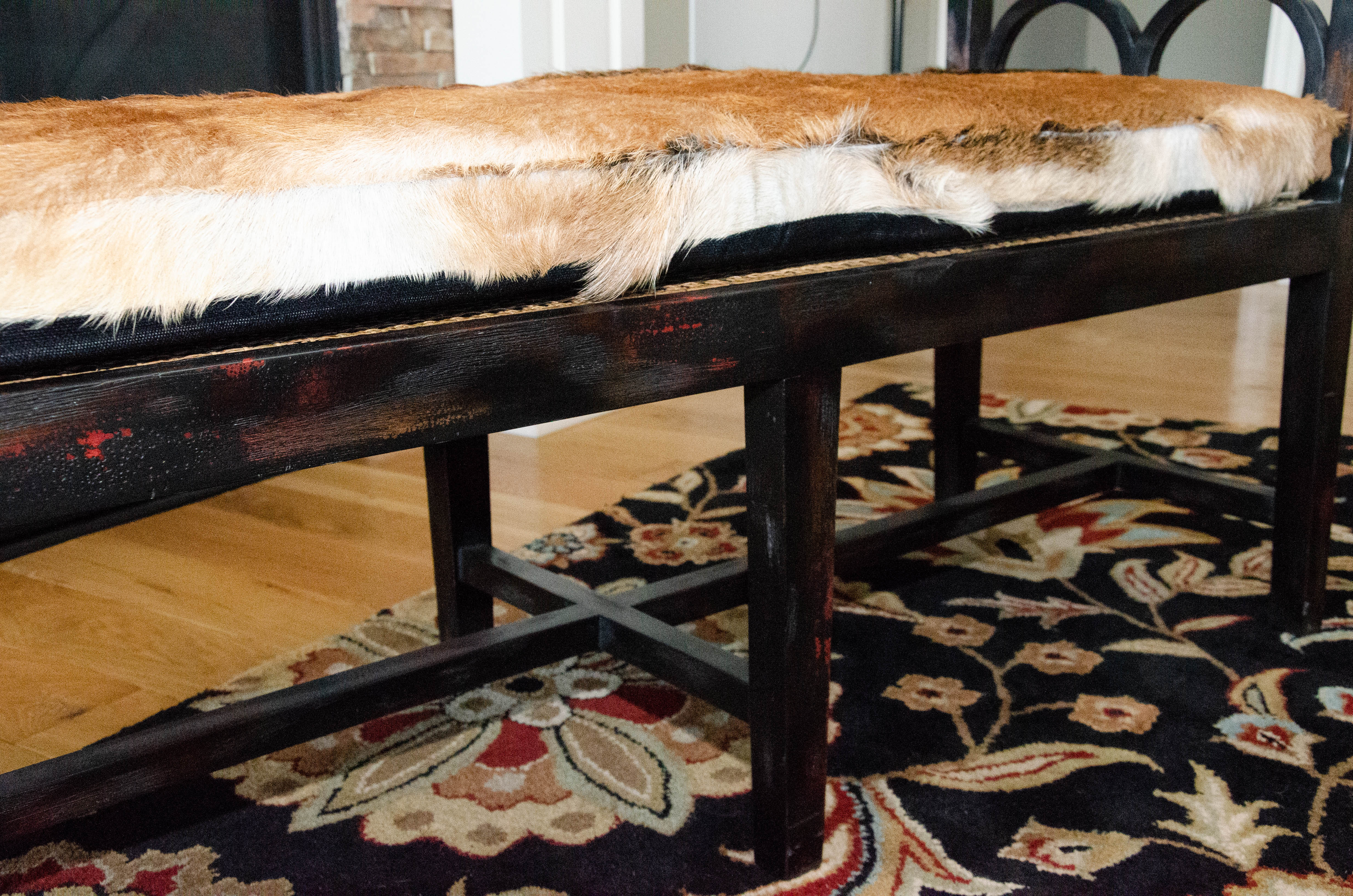 Contemporary Wood Bench with Cane Seating and Bovine Fur Upholstered Seat
