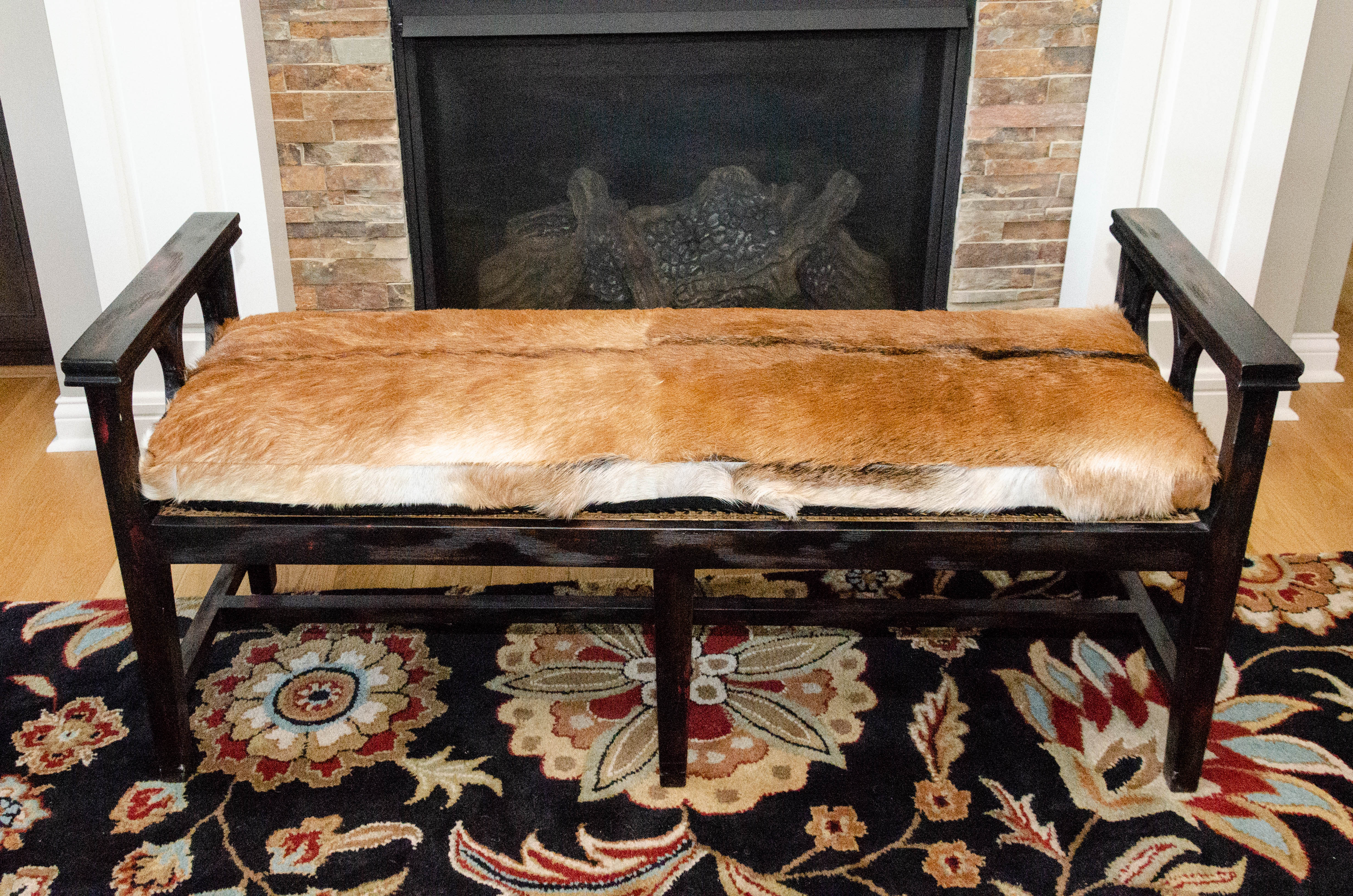 Contemporary Wood Bench with Cane Seating and Bovine Fur Upholstered Seat