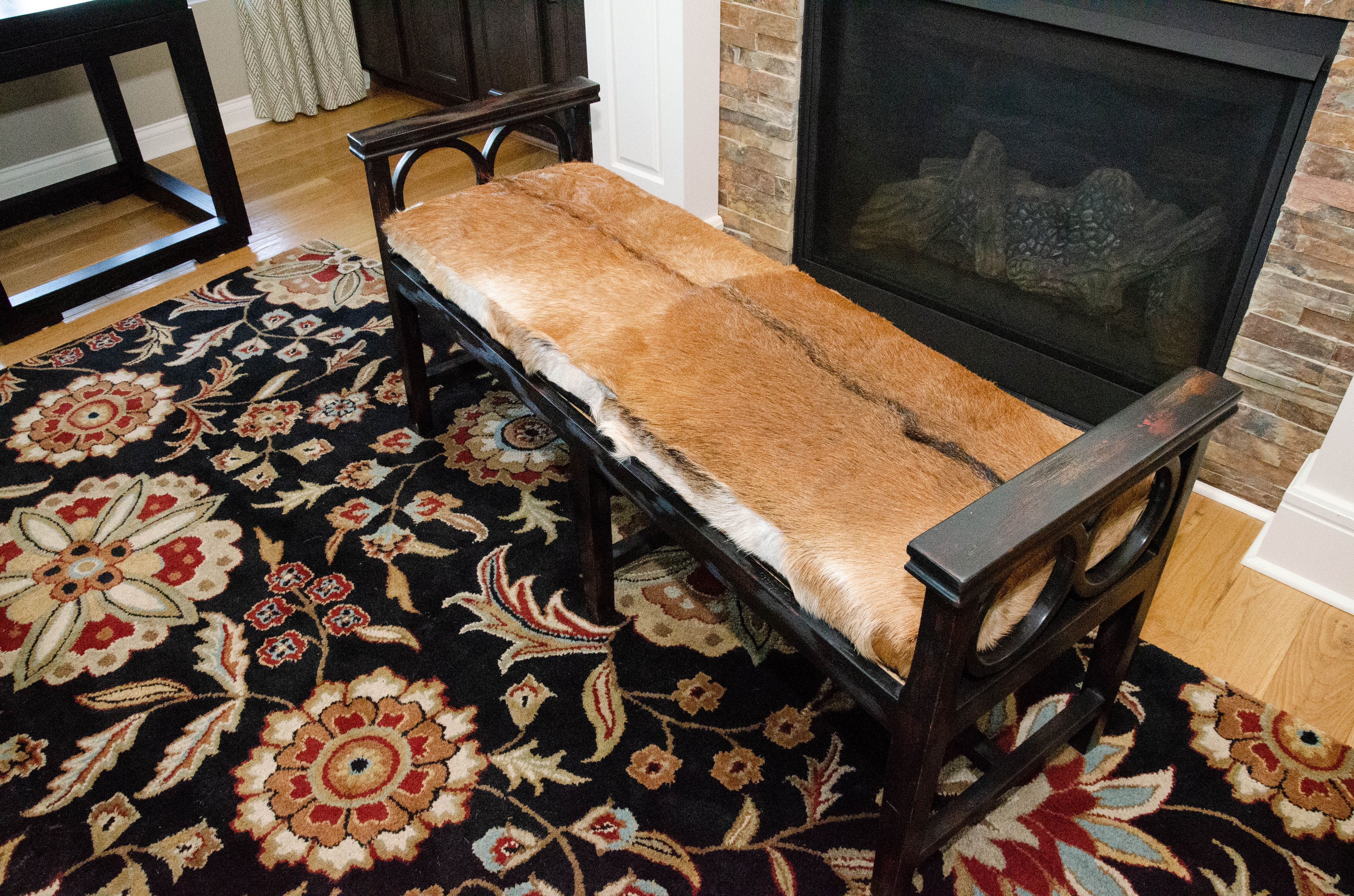 Contemporary Wood Bench with Cane Seating and Bovine Fur Upholstered Seat