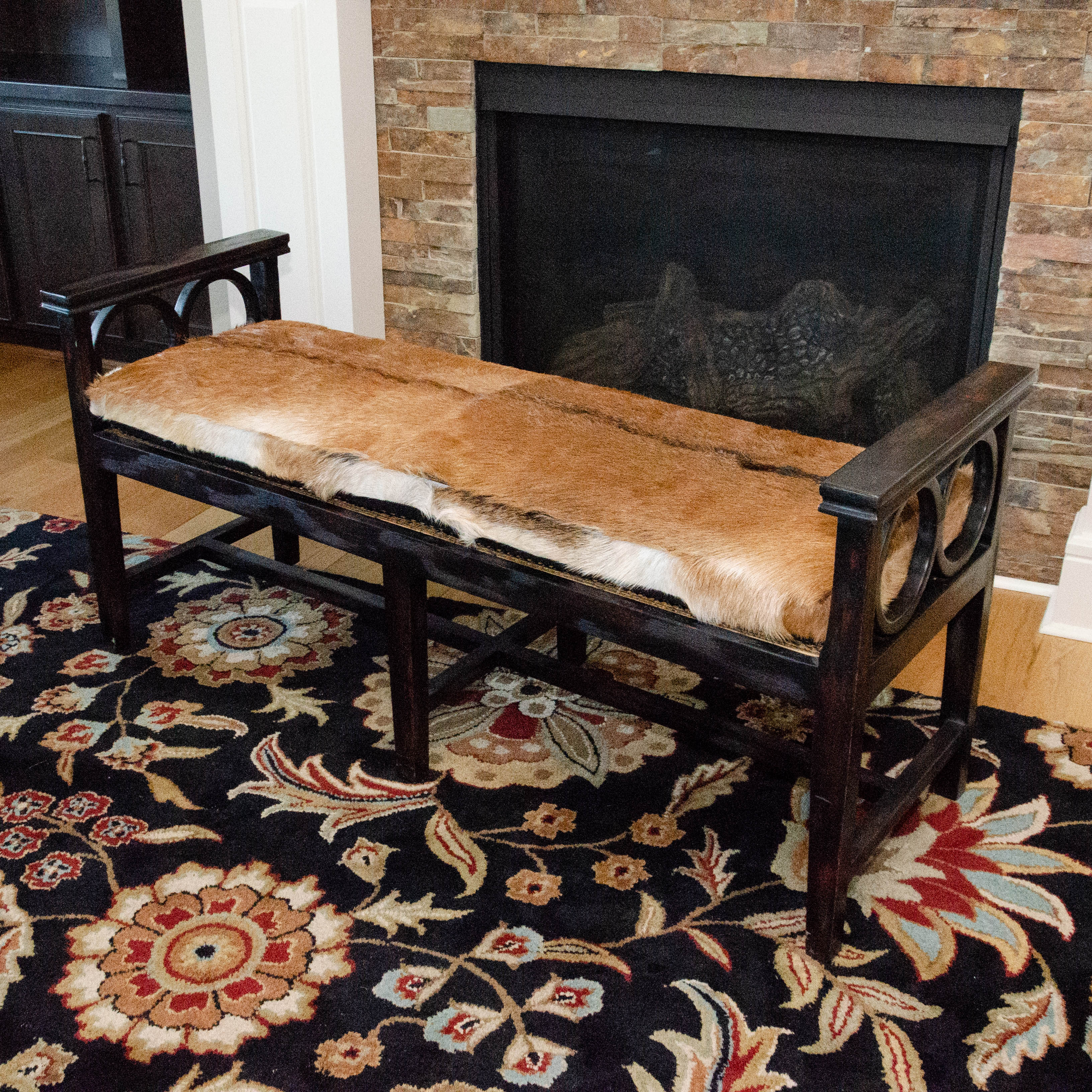 Contemporary Wood Bench with Cane Seating and Bovine Fur Upholstered Seat