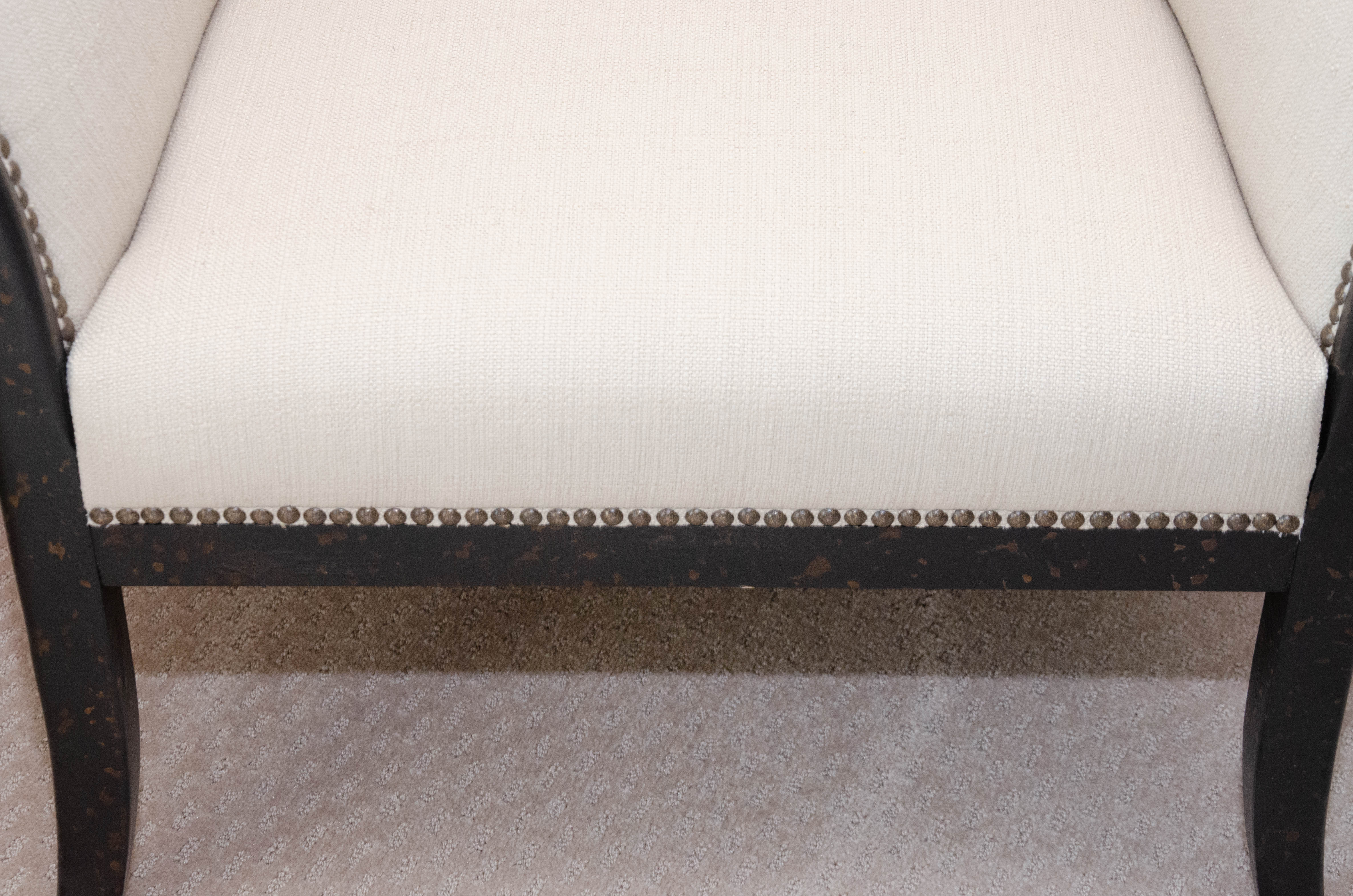 Uttermost Upholstered Armchair with Ebonized Wood Frame and Brass Tack Details