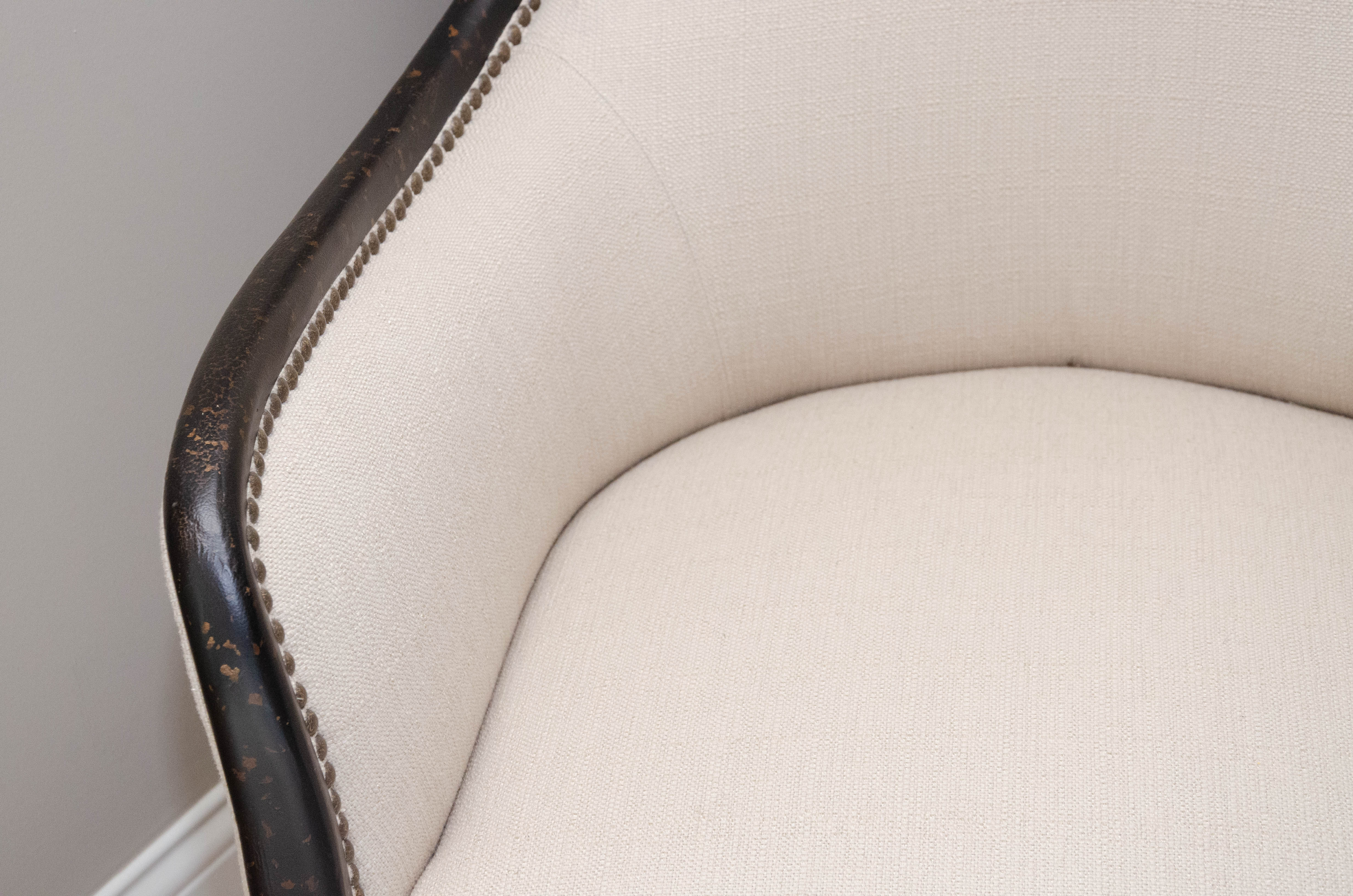 Uttermost Upholstered Armchair with Ebonized Wood Frame and Brass Tack Details