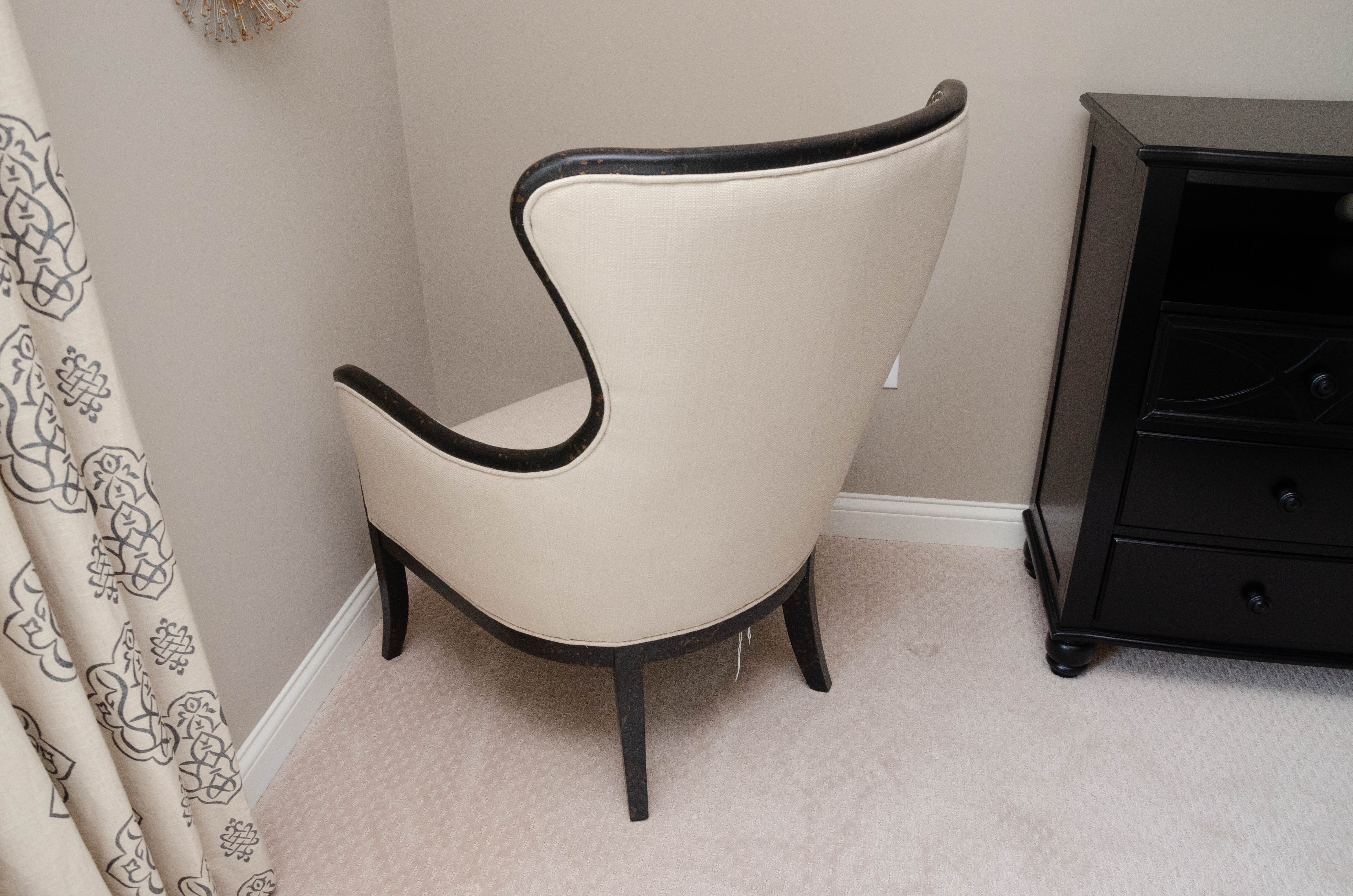 Uttermost Upholstered Armchair with Ebonized Wood Frame and Brass Tack Details