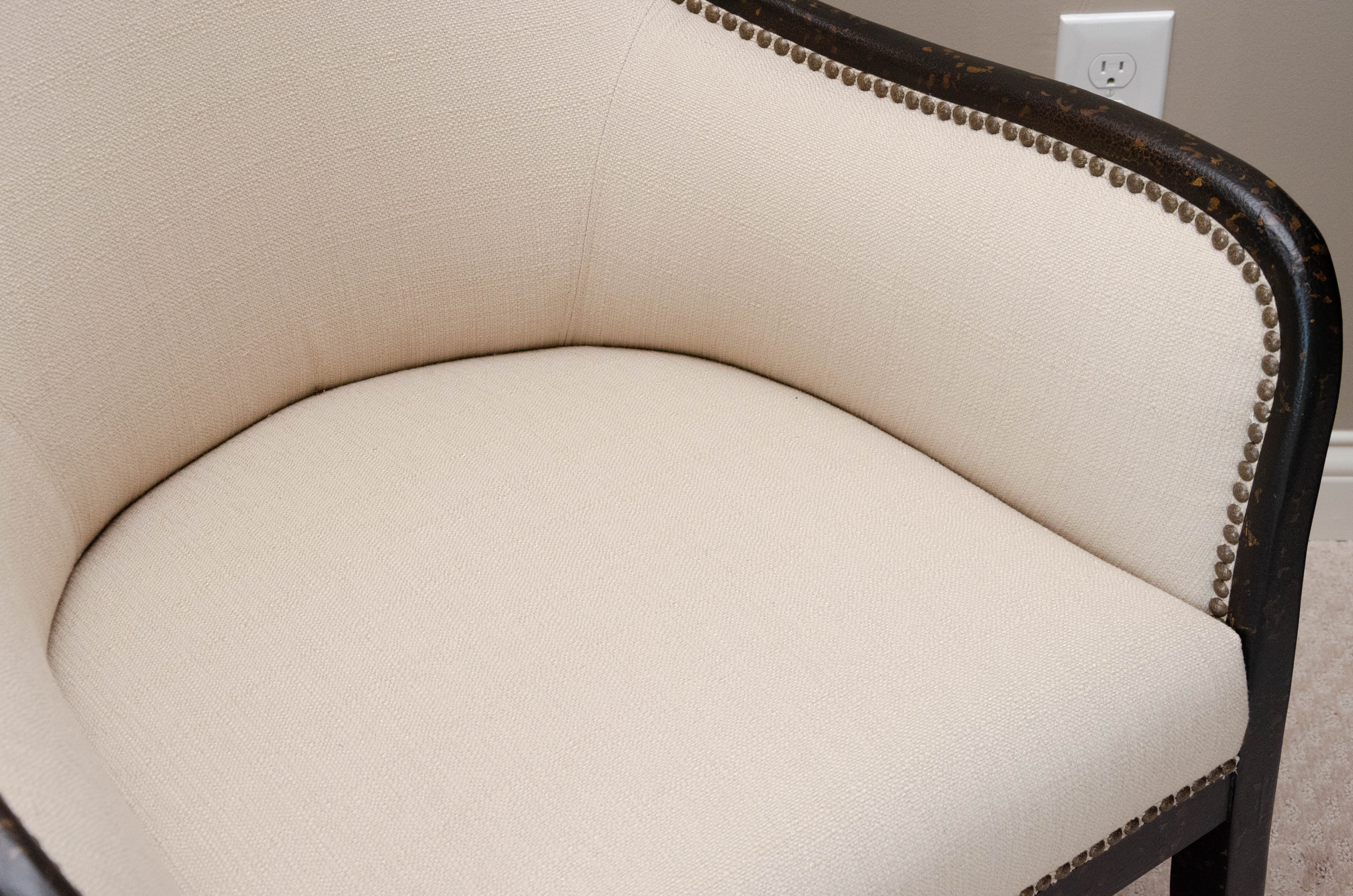 Uttermost Upholstered Armchair with Ebonized Wood Frame and Brass Tack Details