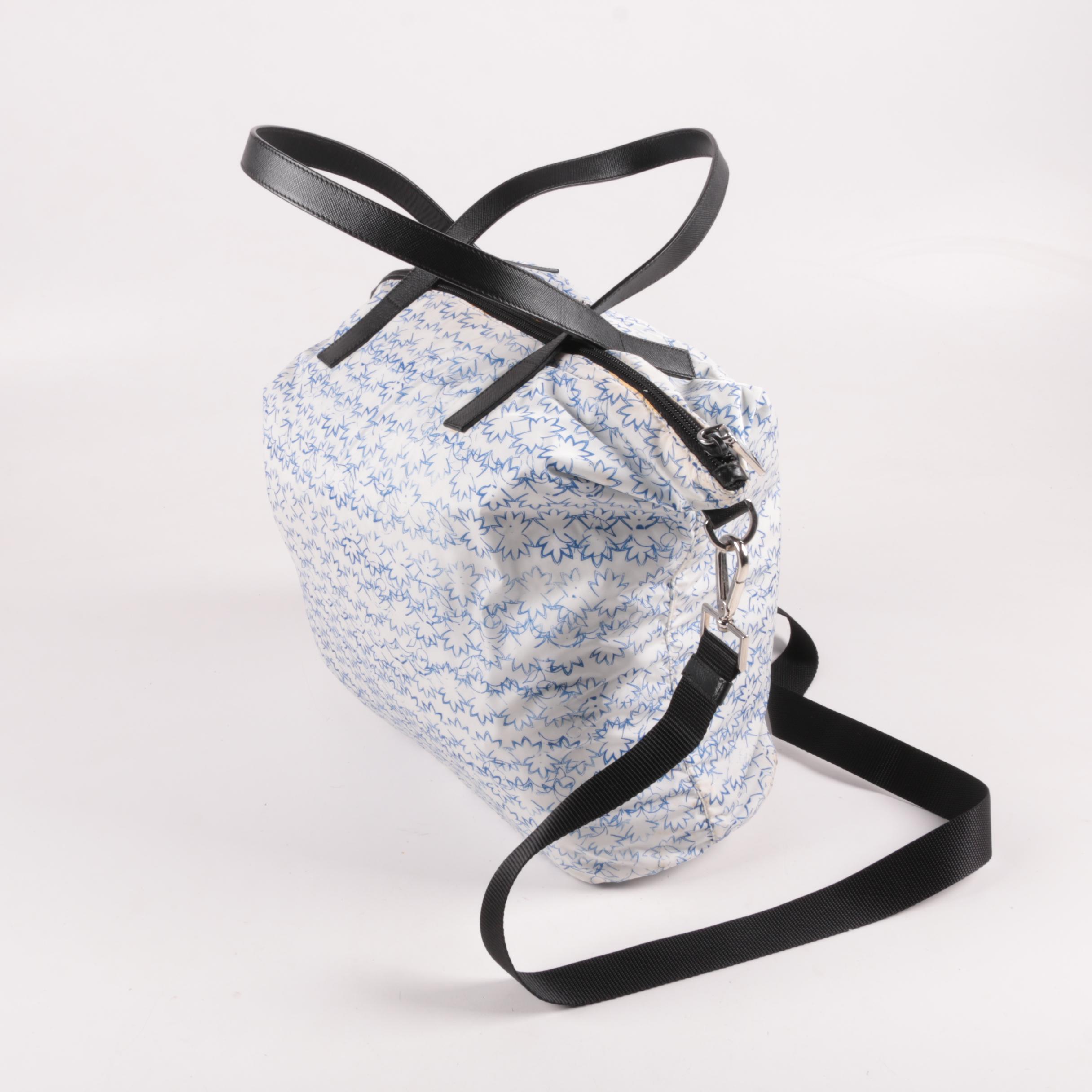 Prada Blue and White Floral Print Nylon and Black Saffiano Leather Tote