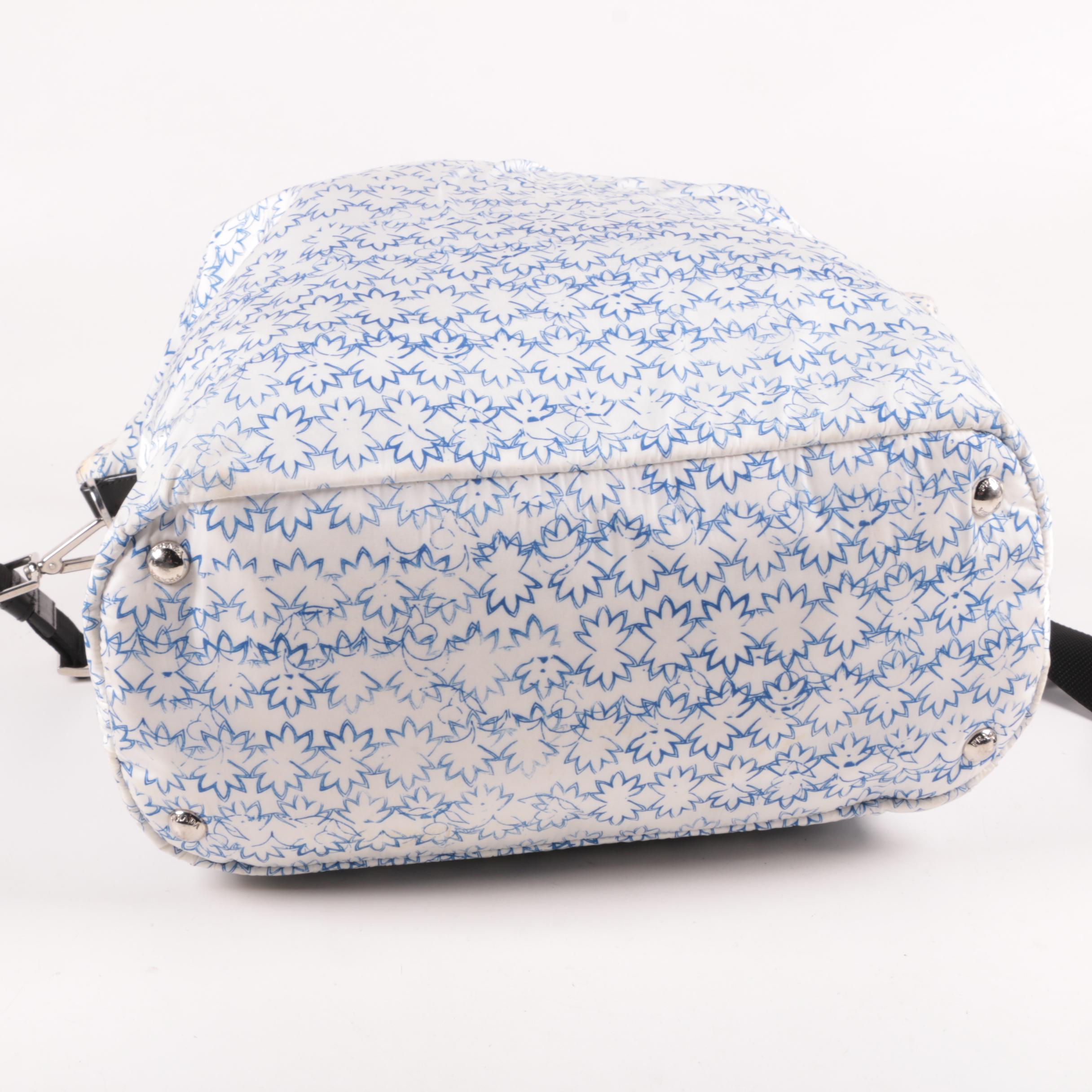Prada Blue and White Floral Print Nylon and Black Saffiano Leather Tote