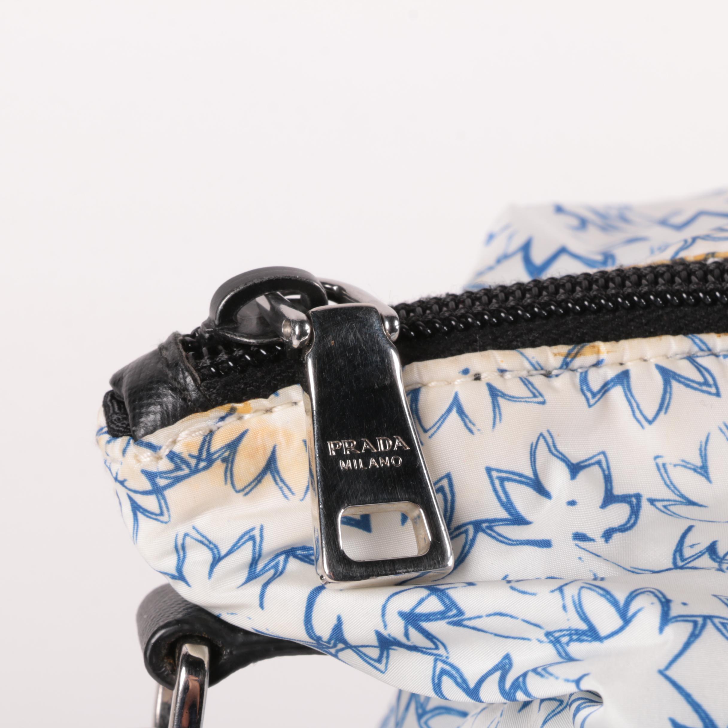 Prada Blue and White Floral Print Nylon and Black Saffiano Leather Tote
