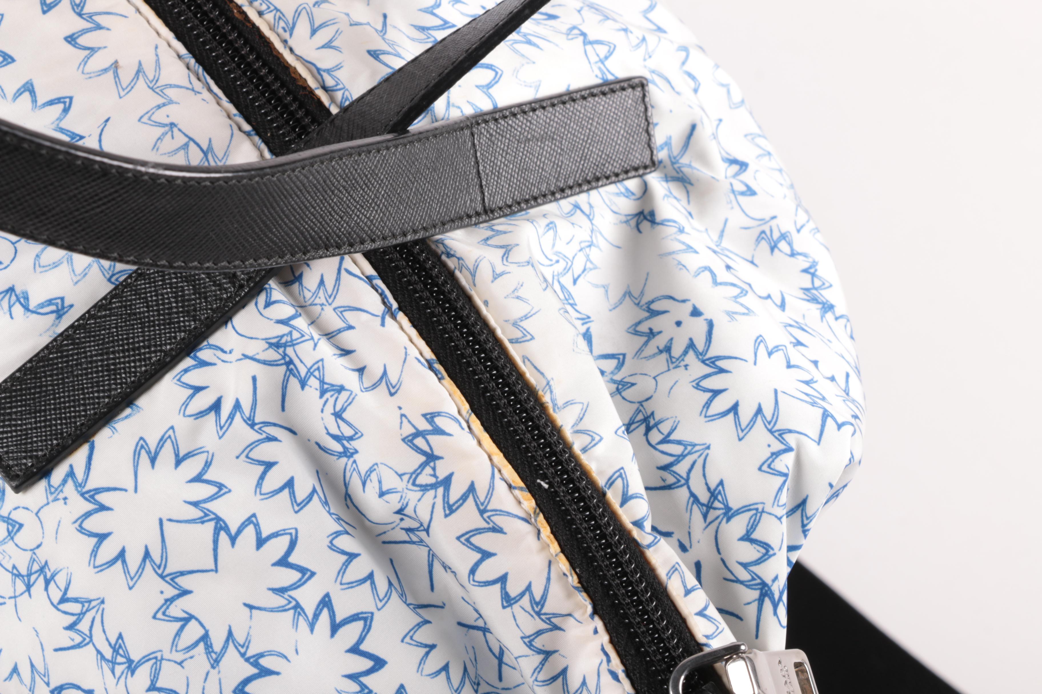 Prada Blue and White Floral Print Nylon and Black Saffiano Leather Tote