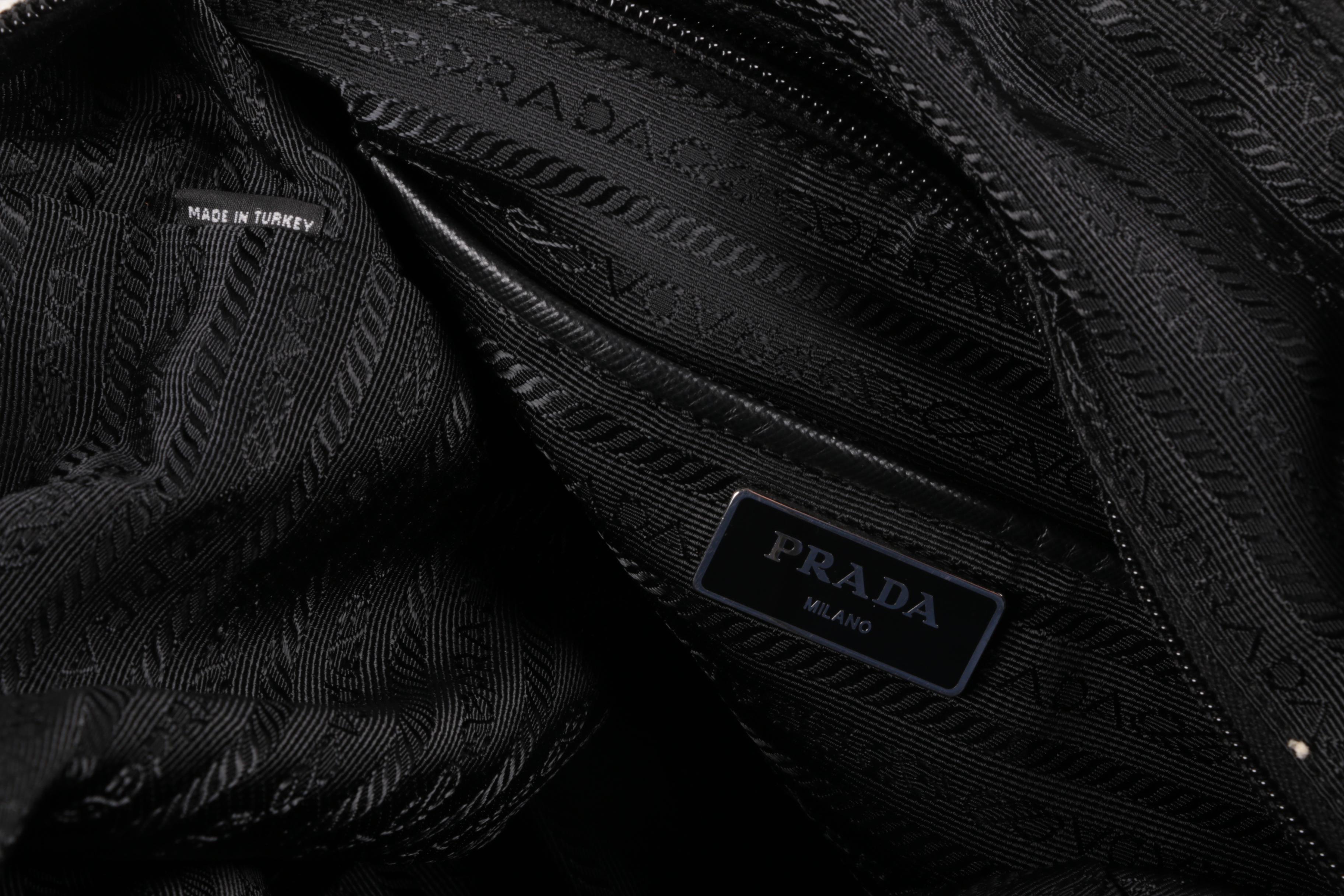 Prada Blue and White Floral Print Nylon and Black Saffiano Leather Tote