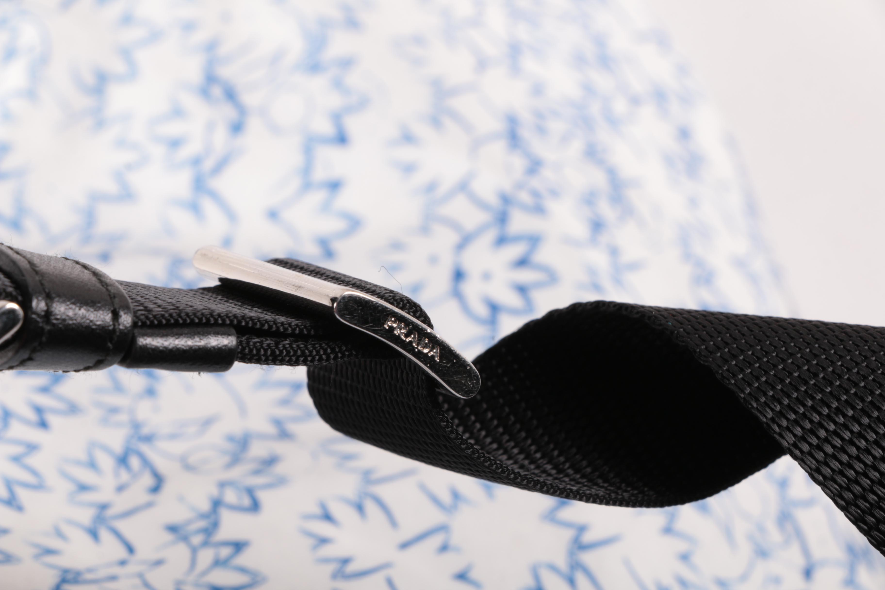 Prada Blue and White Floral Print Nylon and Black Saffiano Leather Tote