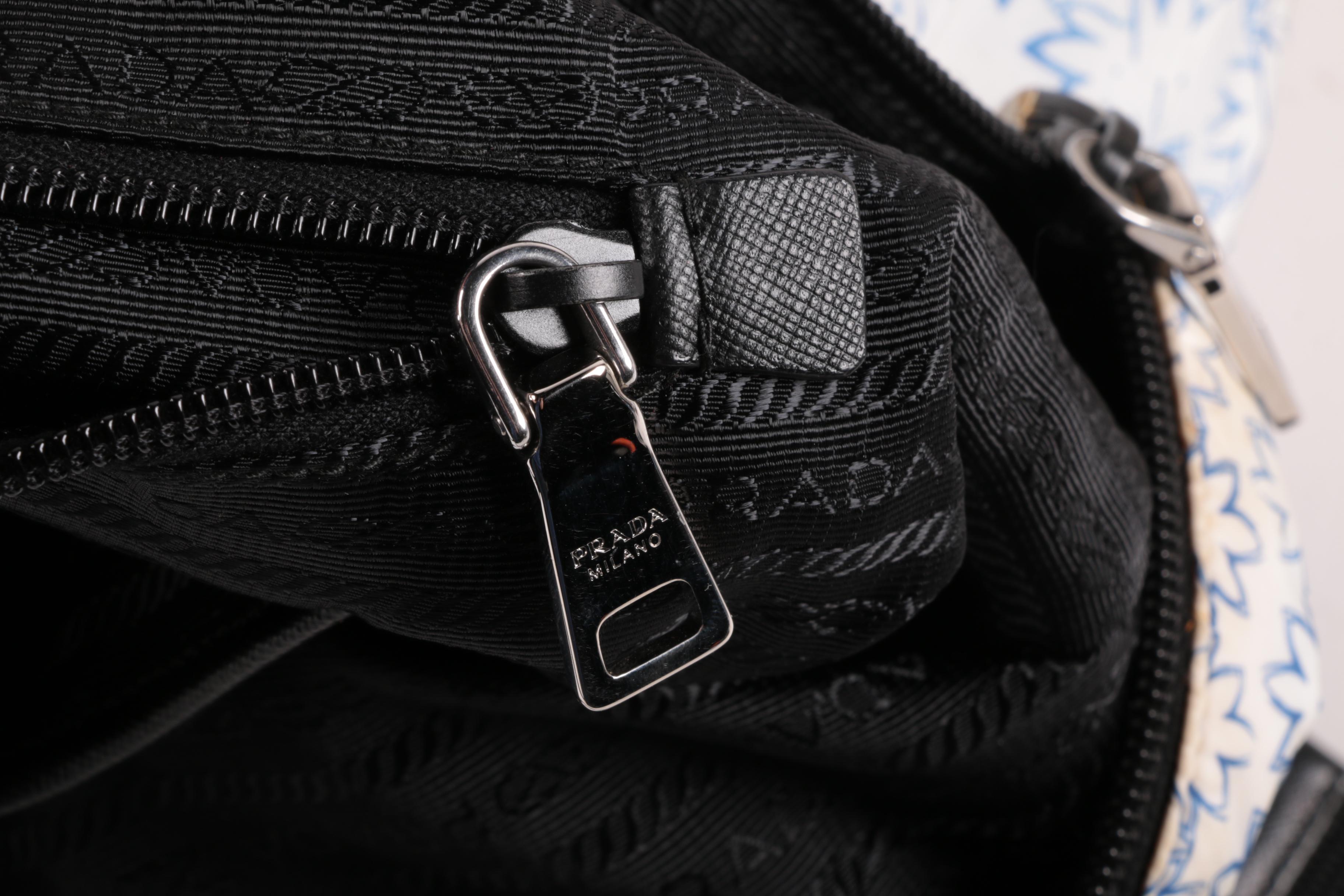 Prada Blue and White Floral Print Nylon and Black Saffiano Leather Tote