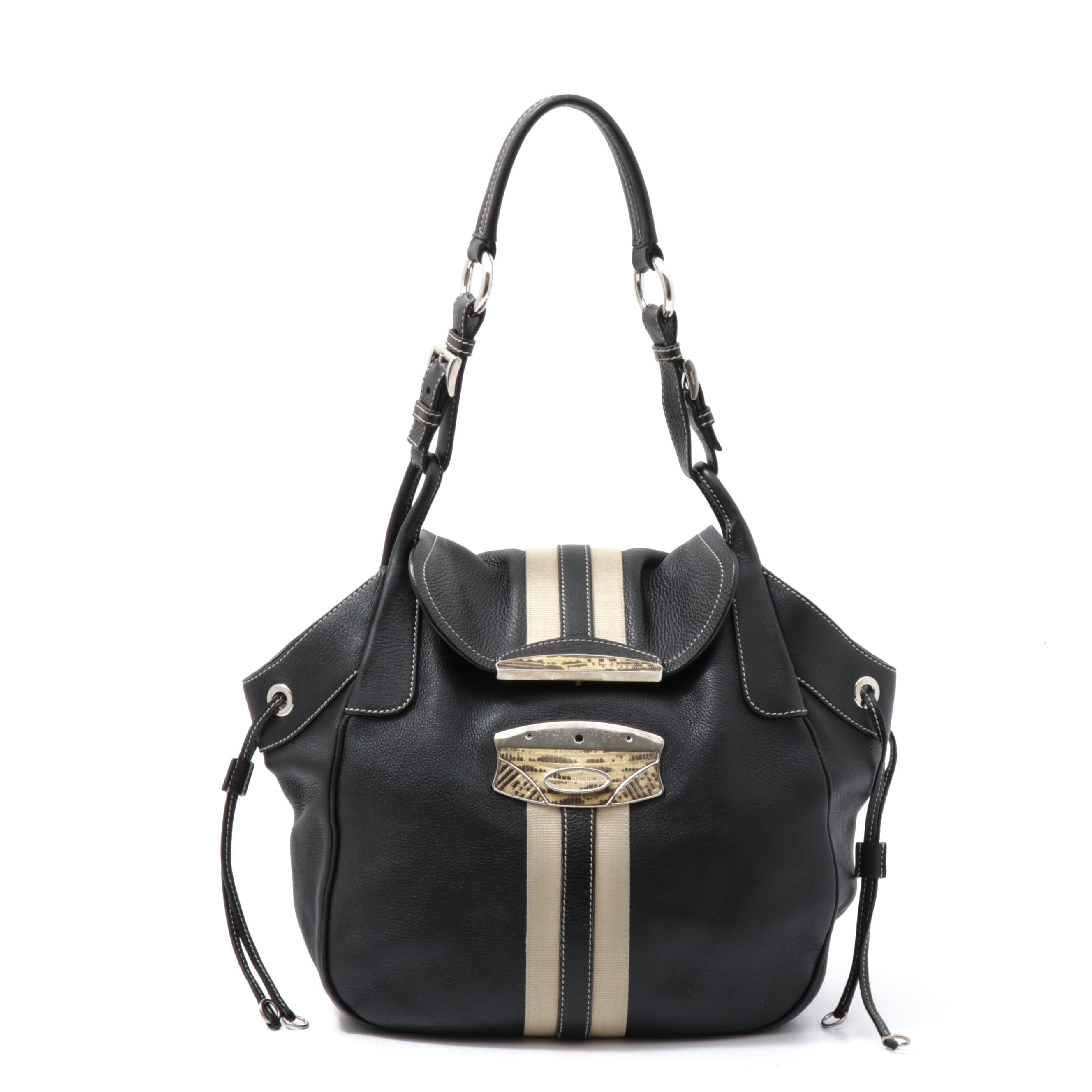 Prada Black Vitello Leather and Lizard Skin Shoulder Bag, Made in Italy