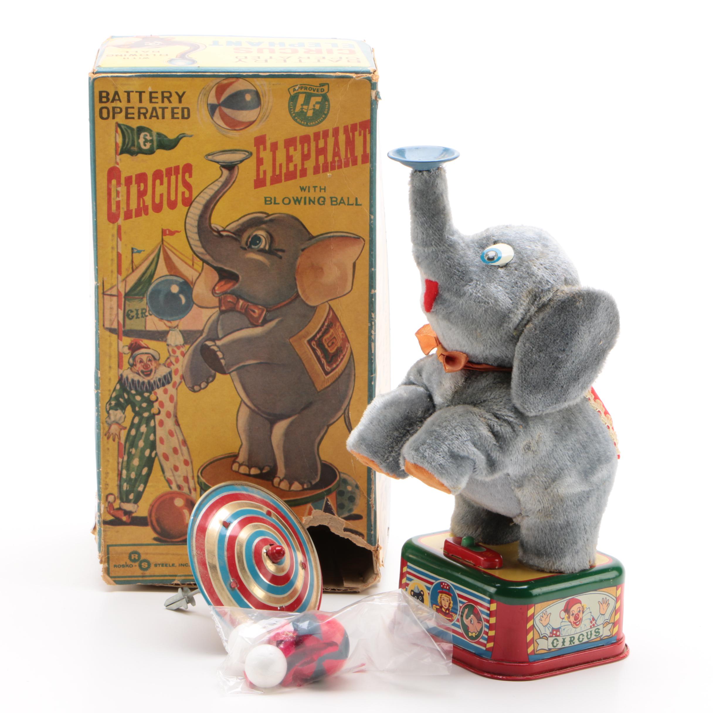 Rosko Battery Operated Circus Elephant with Blowing Ball in Original Box, 1960s