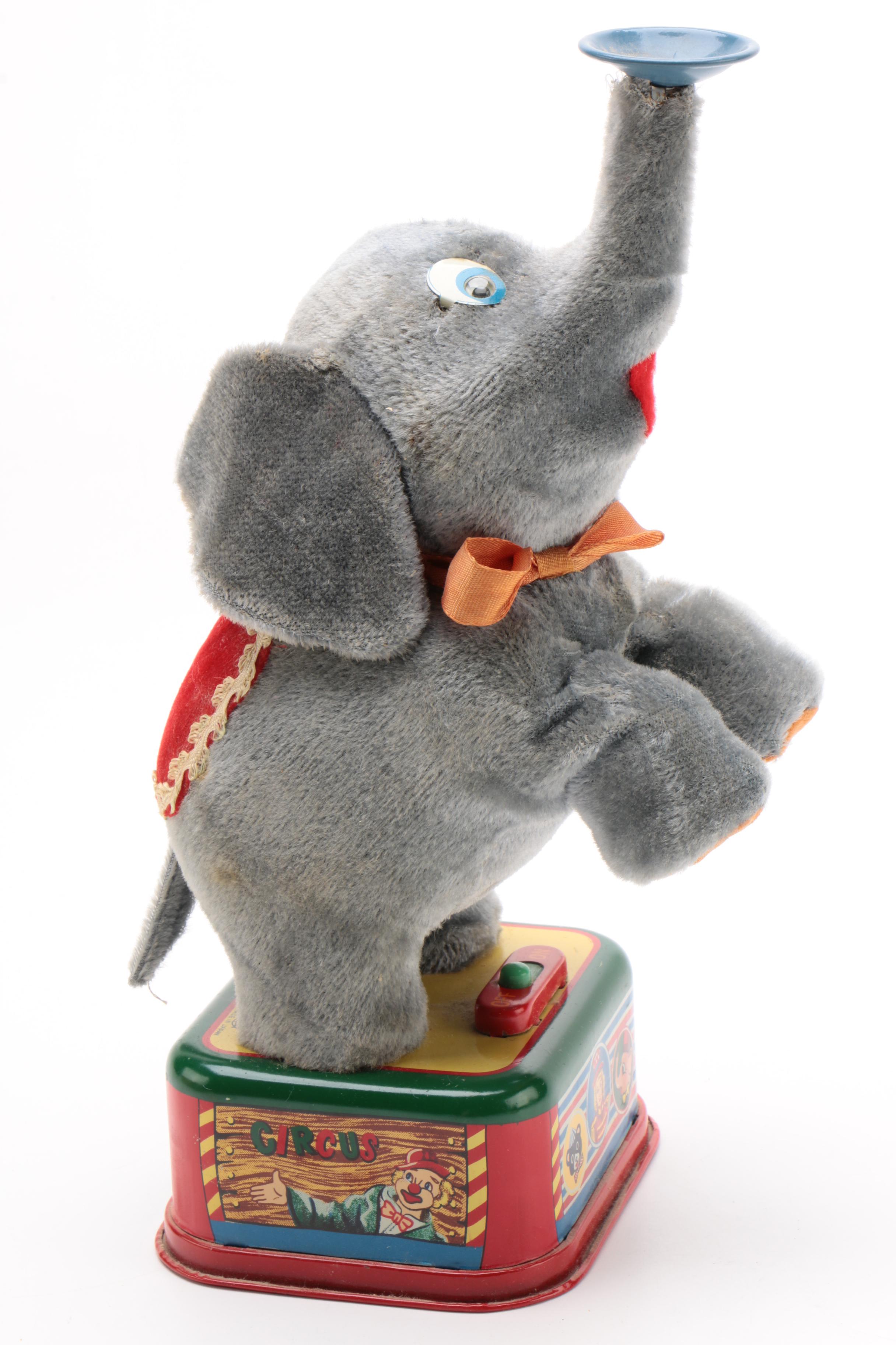 Rosko Battery Operated Circus Elephant with Blowing Ball in Original Box, 1960s