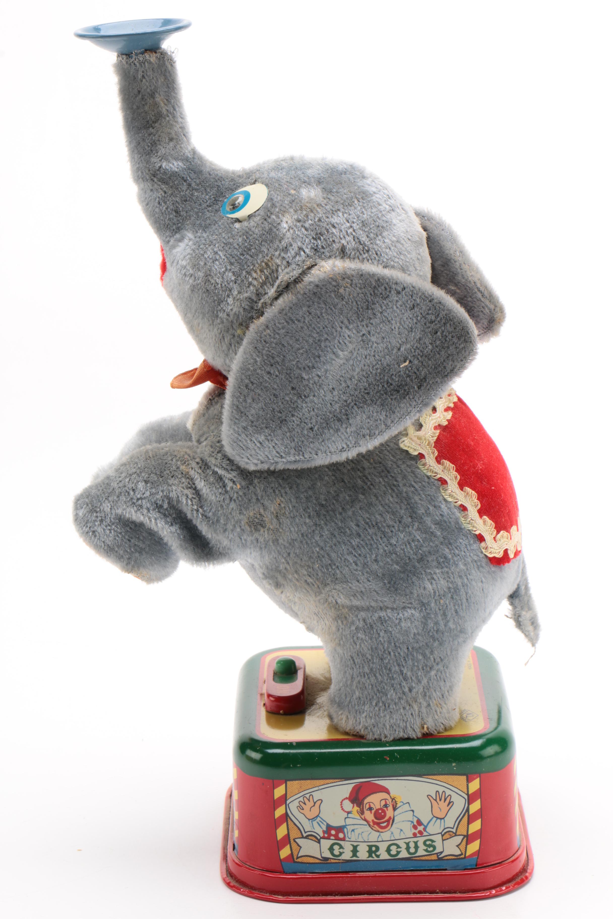 Rosko Battery Operated Circus Elephant with Blowing Ball in Original Box, 1960s