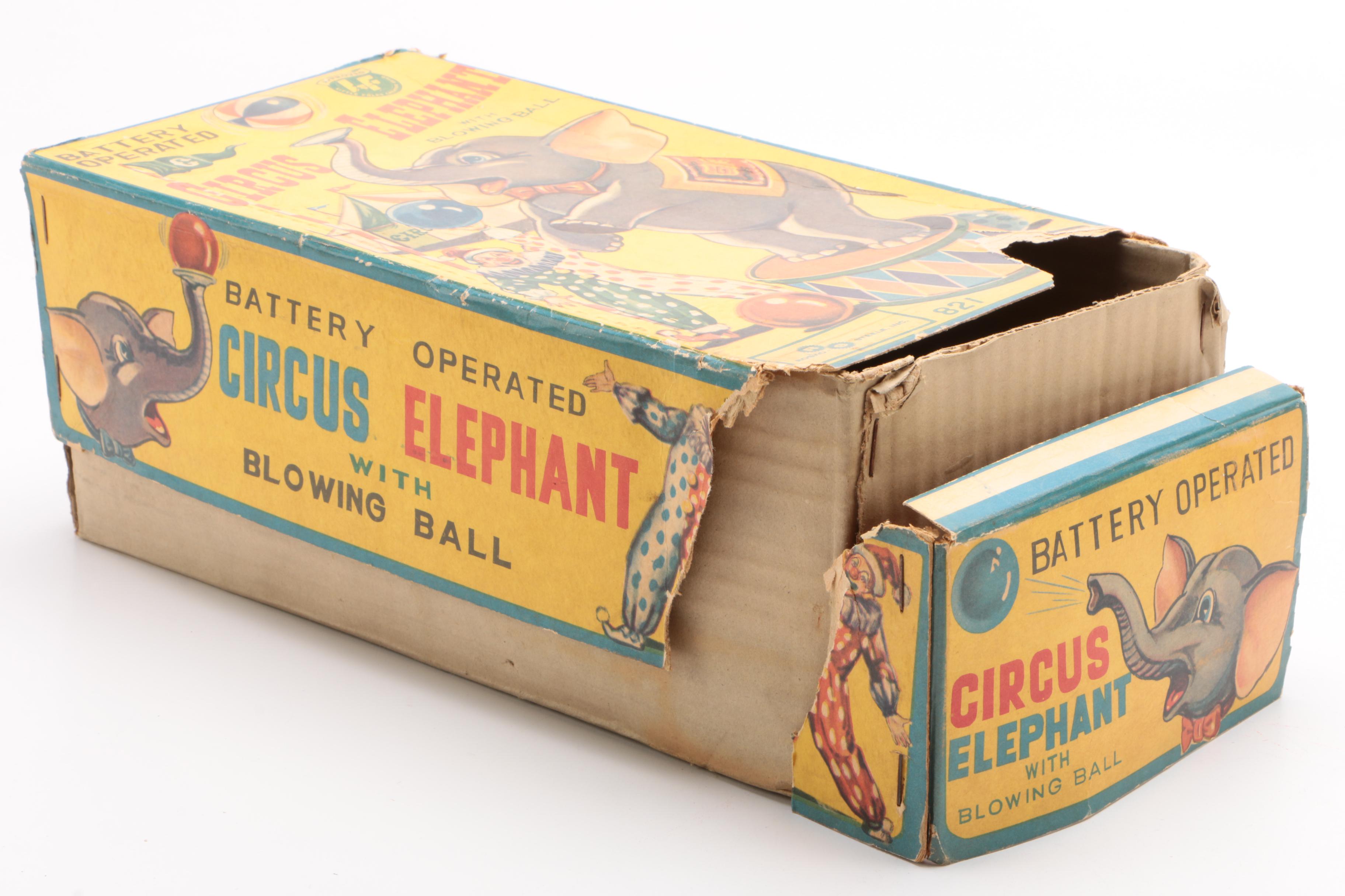 Rosko Battery Operated Circus Elephant with Blowing Ball in Original Box, 1960s