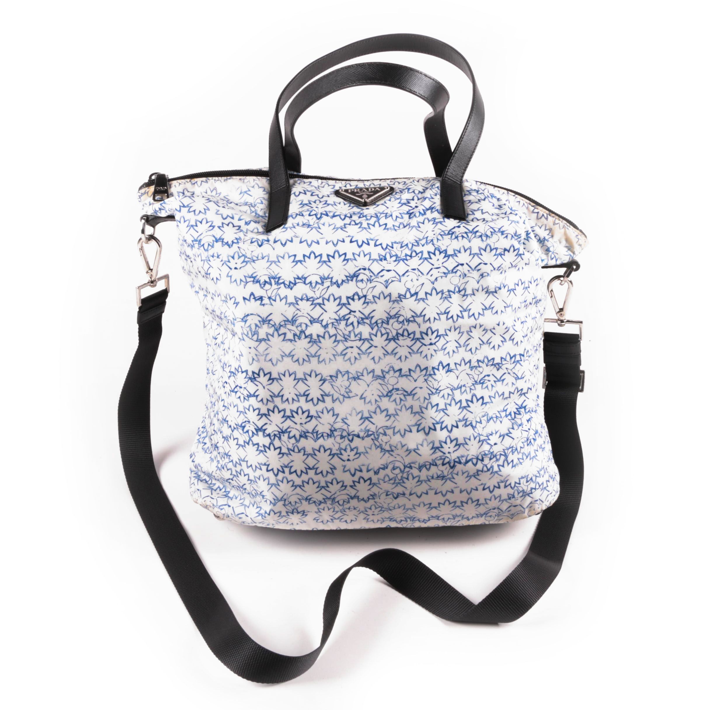 Prada Blue and White Floral Print Nylon and Black Saffiano Leather Tote