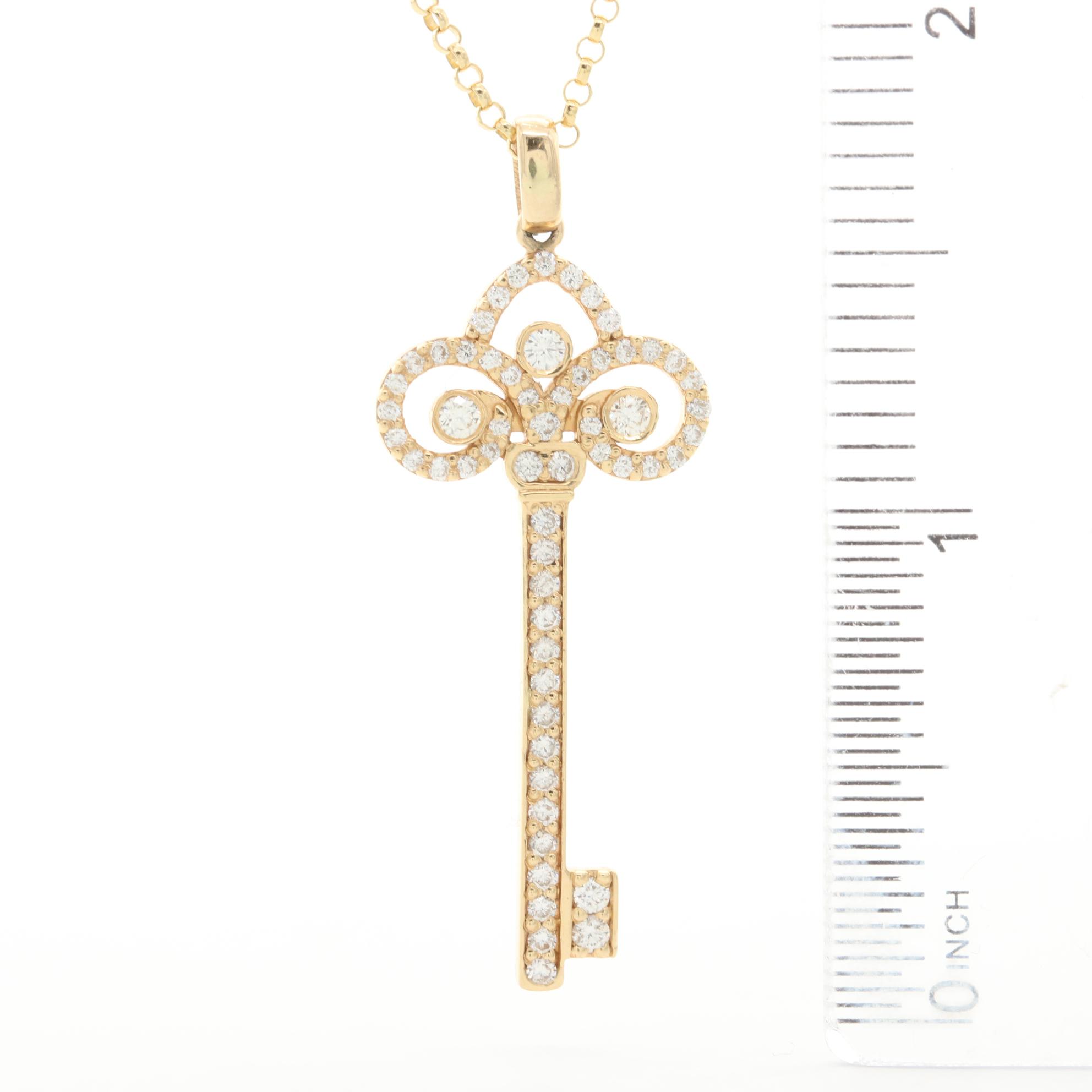 18K Yellow Gold Diamond Key Pendant on 14K Rolo Chain