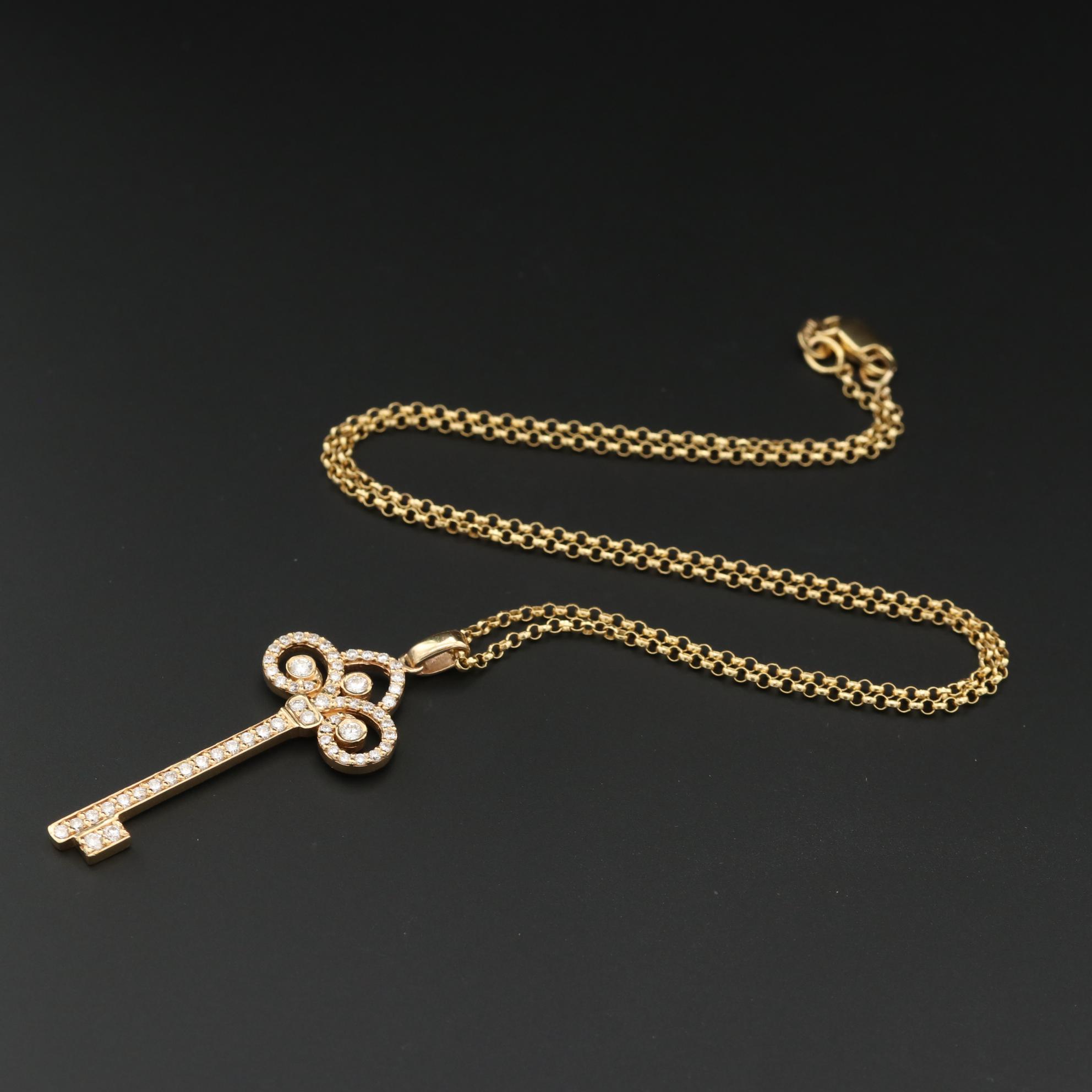 18K Yellow Gold Diamond Key Pendant on 14K Rolo Chain