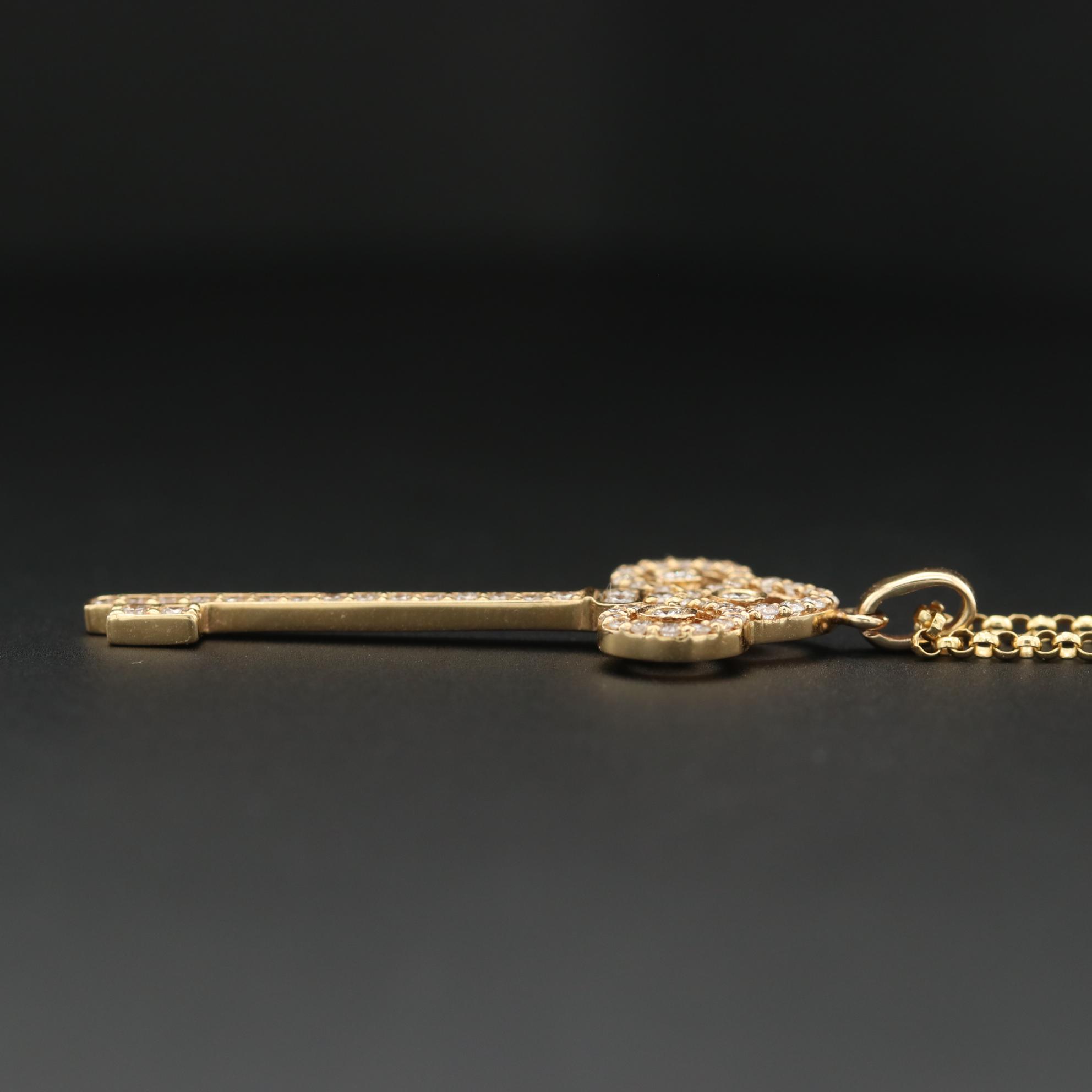18K Yellow Gold Diamond Key Pendant on 14K Rolo Chain