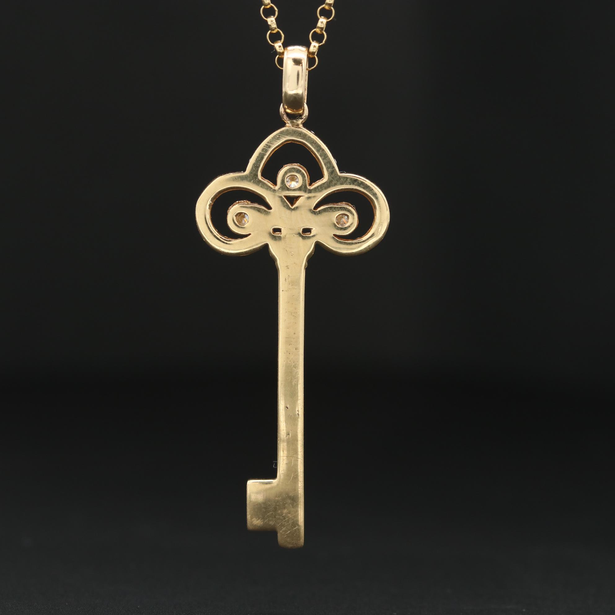 18K Yellow Gold Diamond Key Pendant on 14K Rolo Chain
