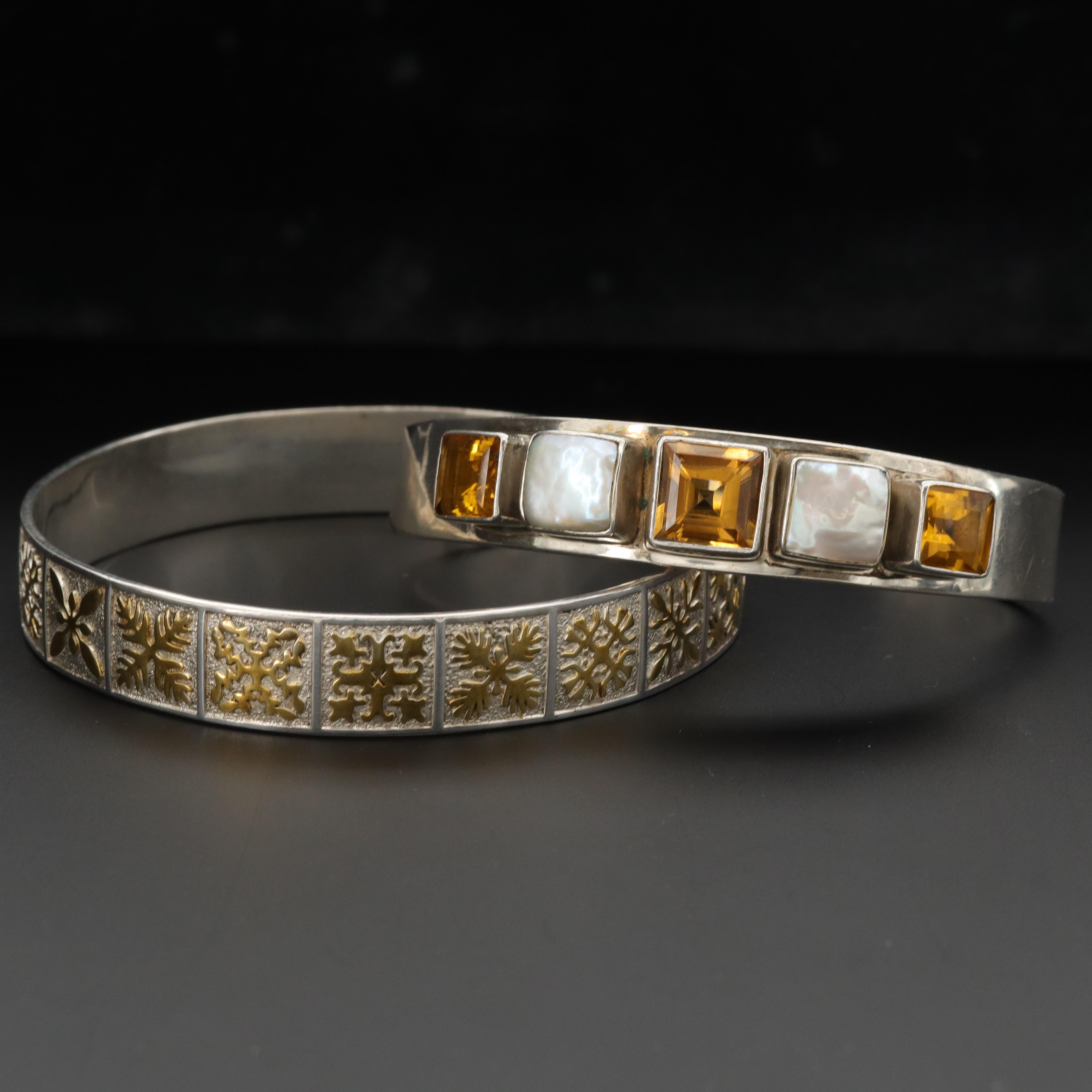 Sterling Citrine and Cultured Pearl Cuff and Snowflake Motif Bangle Bracelet