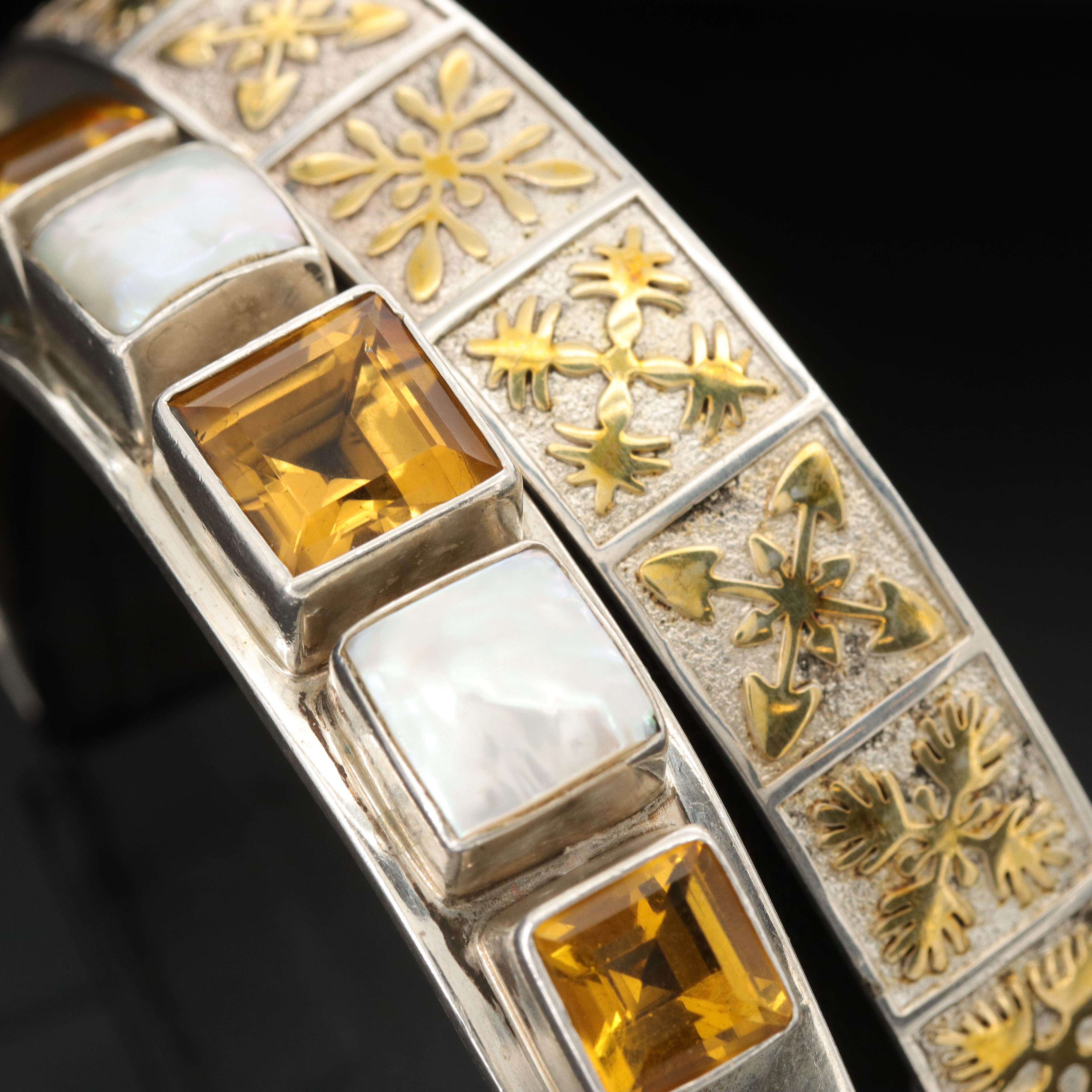 Sterling Citrine and Cultured Pearl Cuff and Snowflake Motif Bangle Bracelet