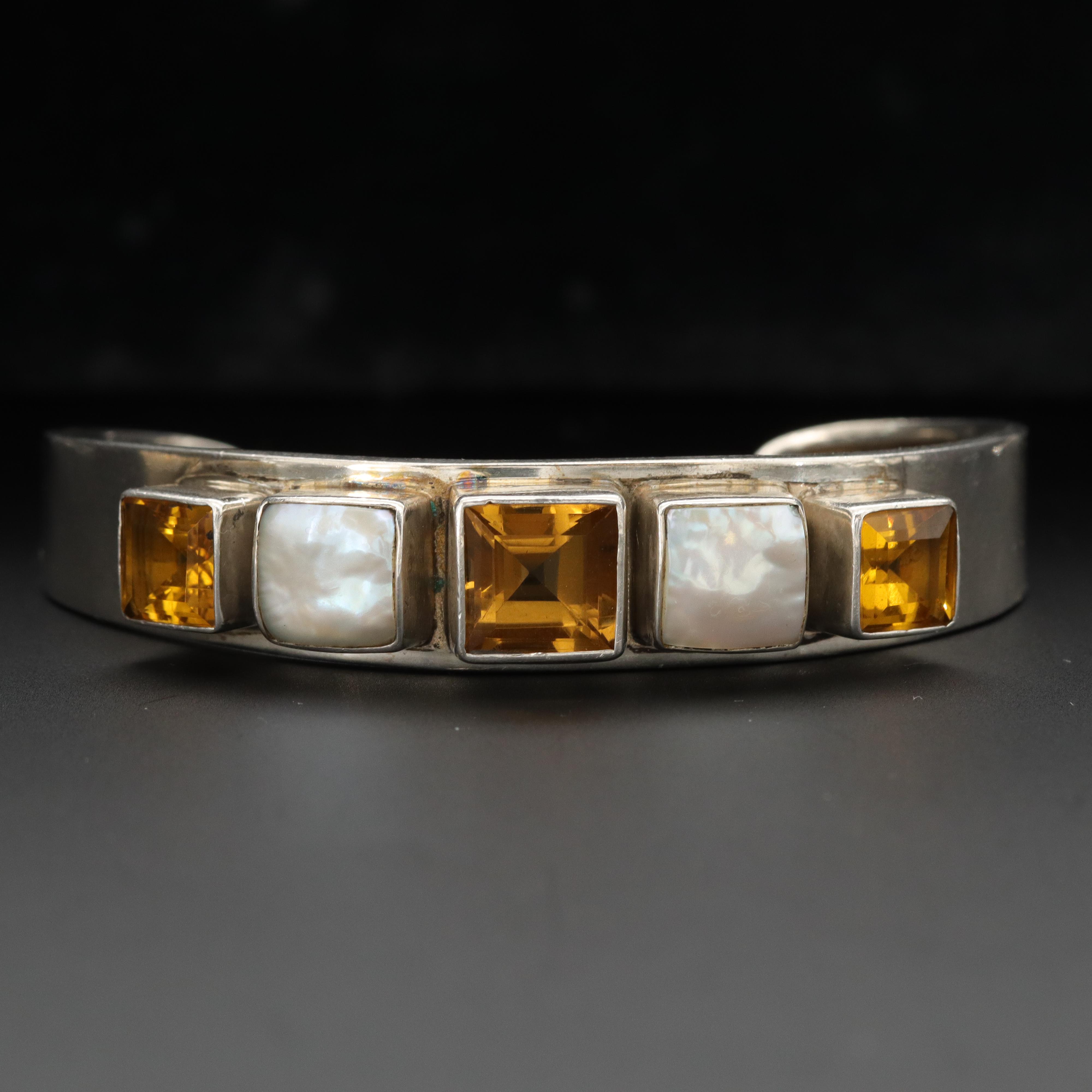Sterling Citrine and Cultured Pearl Cuff and Snowflake Motif Bangle Bracelet