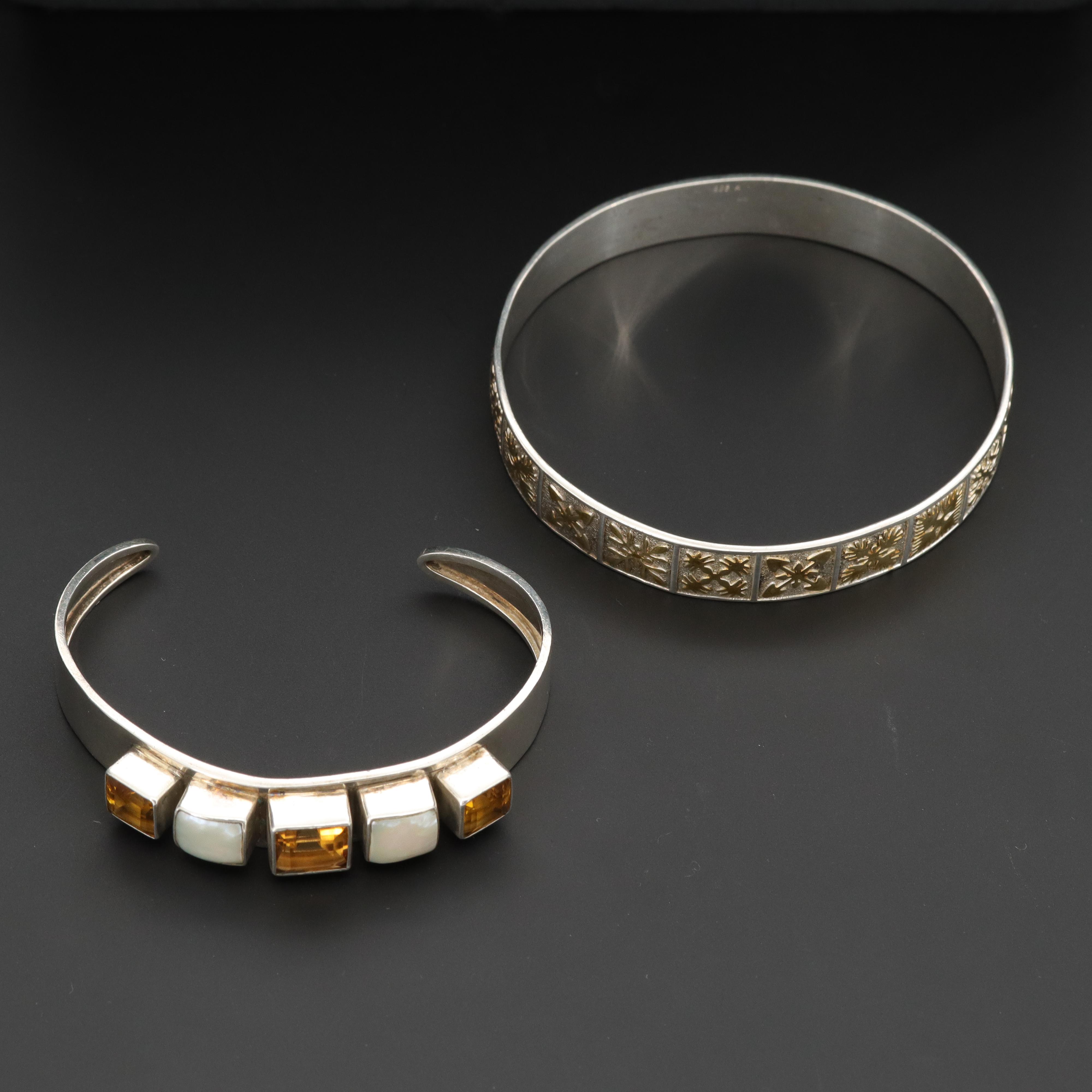 Sterling Citrine and Cultured Pearl Cuff and Snowflake Motif Bangle Bracelet