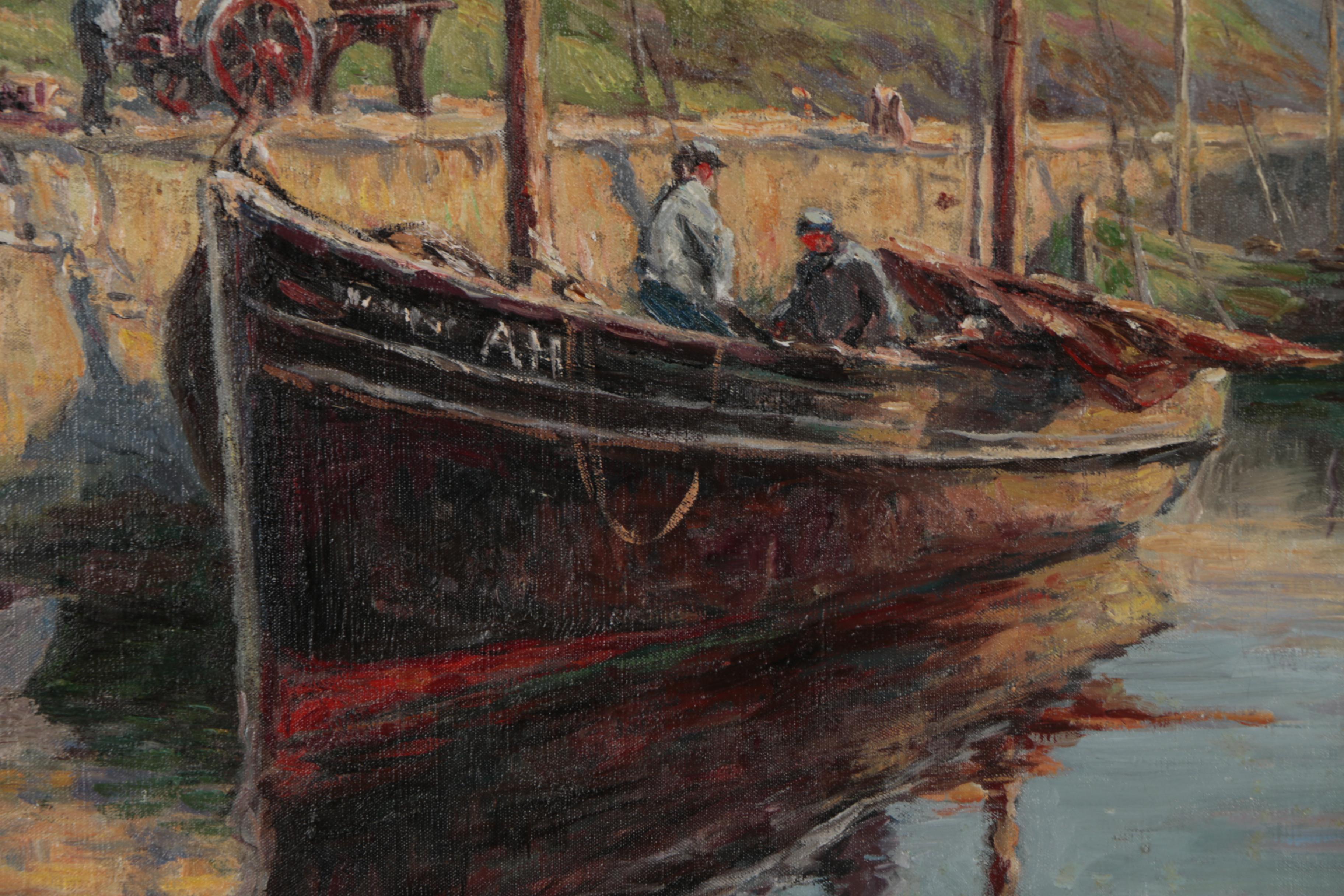 James Perry Wilson Oil Painting of Harbor Scene with Fishing Boats