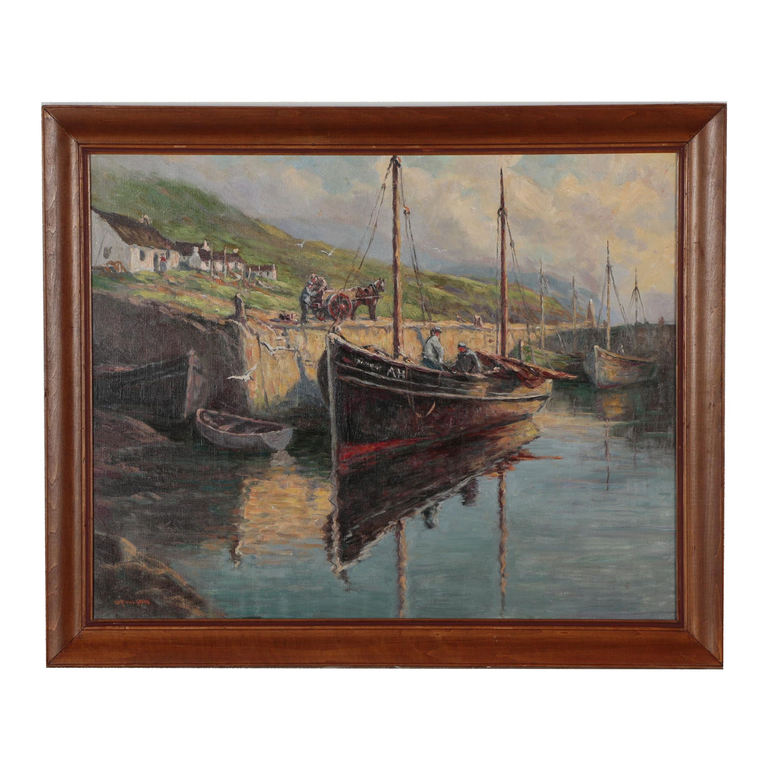 James Perry Wilson Oil Painting of Harbor Scene with Fishing Boats