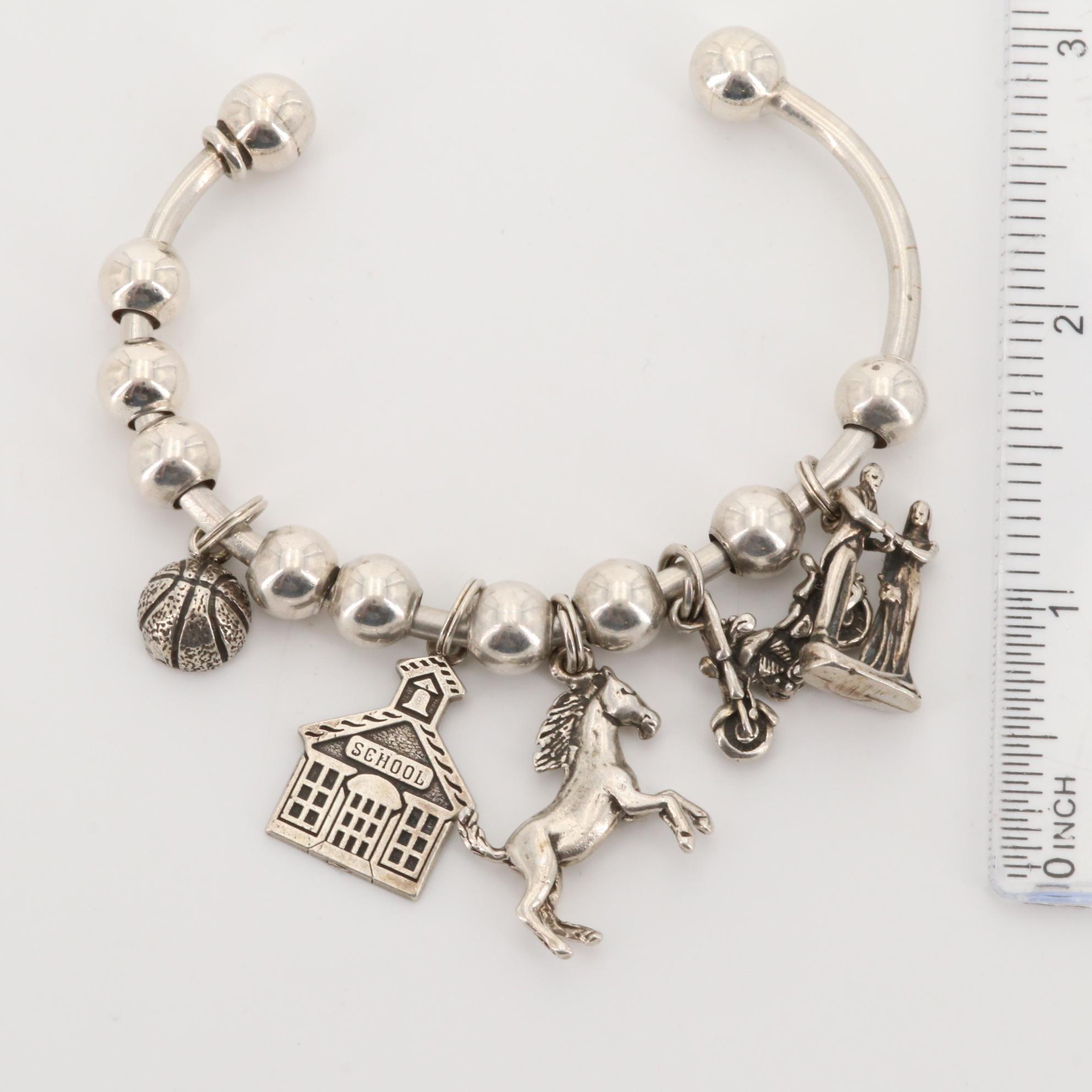 Sterling Silver Bracelets with Horse, Schoolhouse and Motorcycle Charms