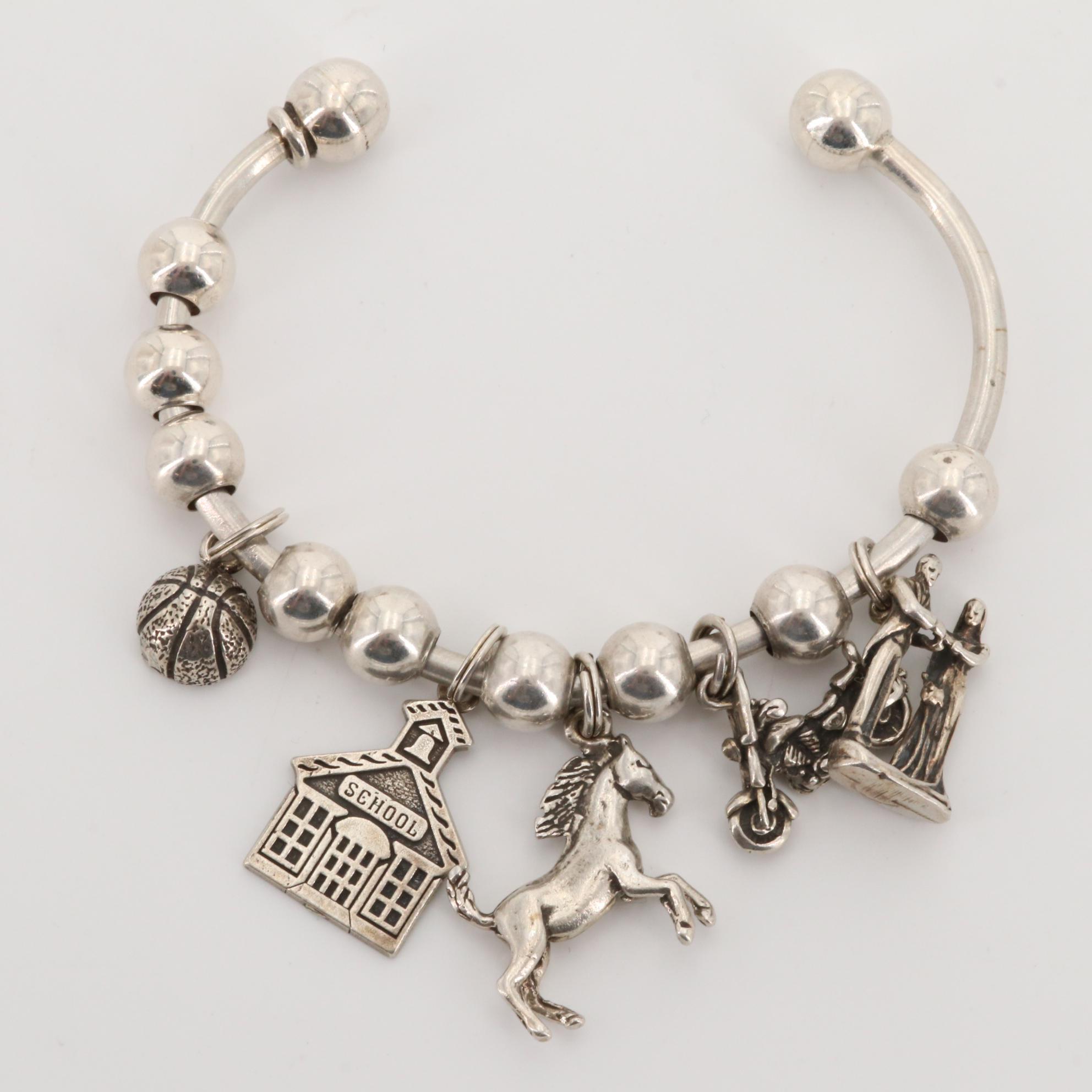 Sterling Silver Bracelets with Horse, Schoolhouse and Motorcycle Charms