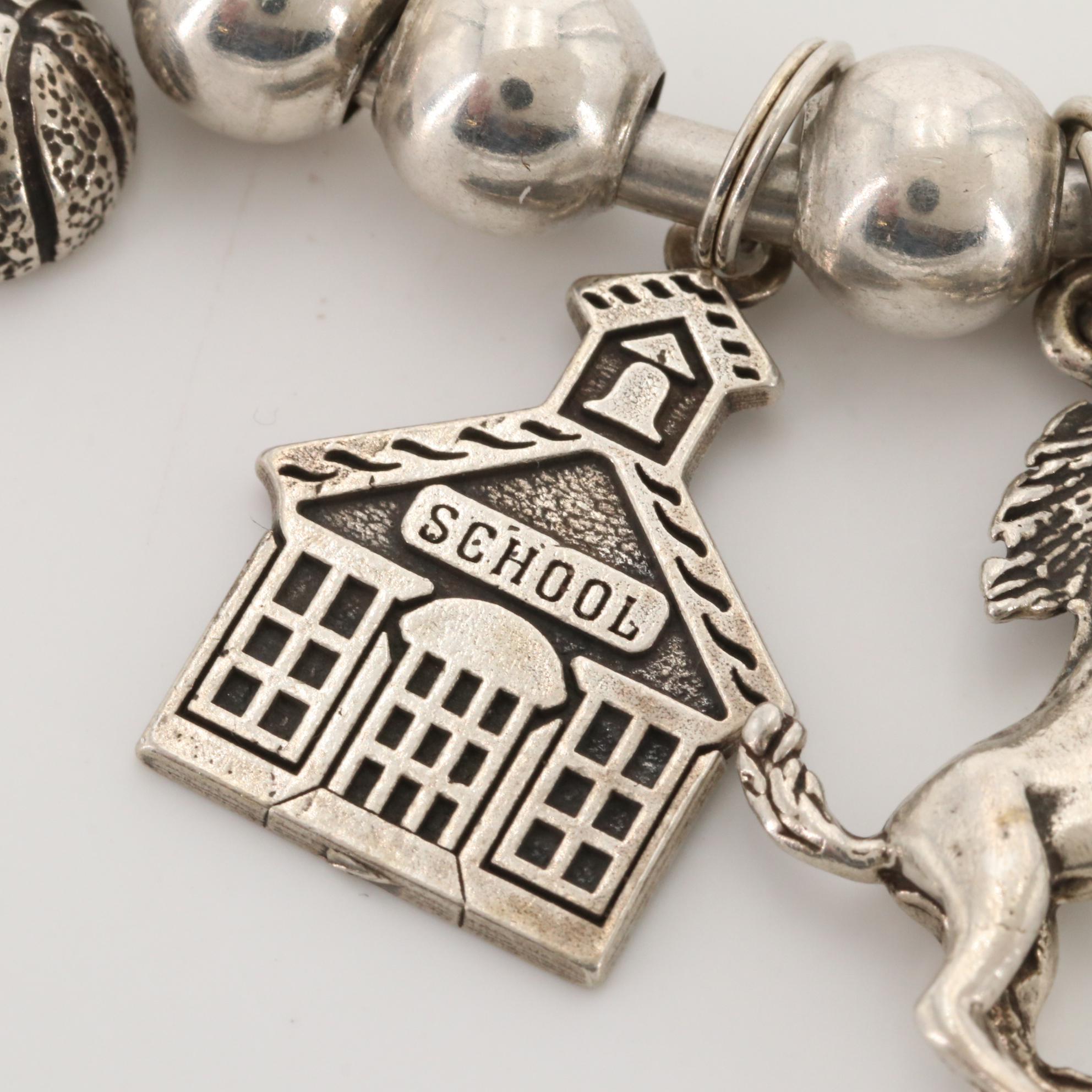 Sterling Silver Bracelets with Horse, Schoolhouse and Motorcycle Charms