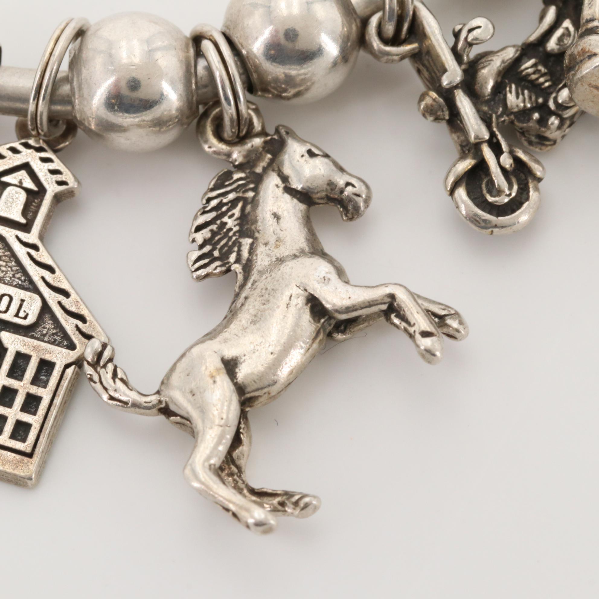 Sterling Silver Bracelets with Horse, Schoolhouse and Motorcycle Charms