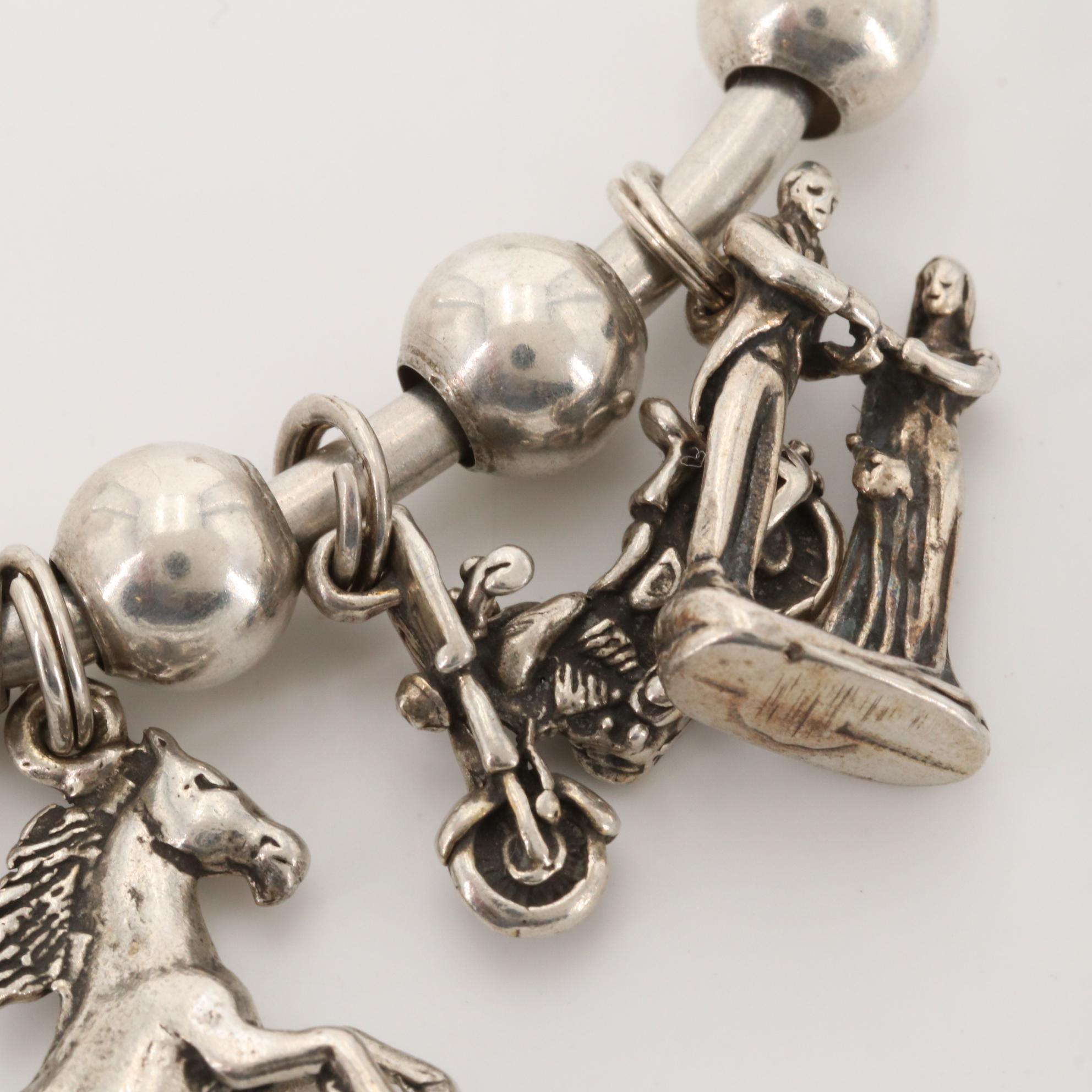 Sterling Silver Bracelets with Horse, Schoolhouse and Motorcycle Charms