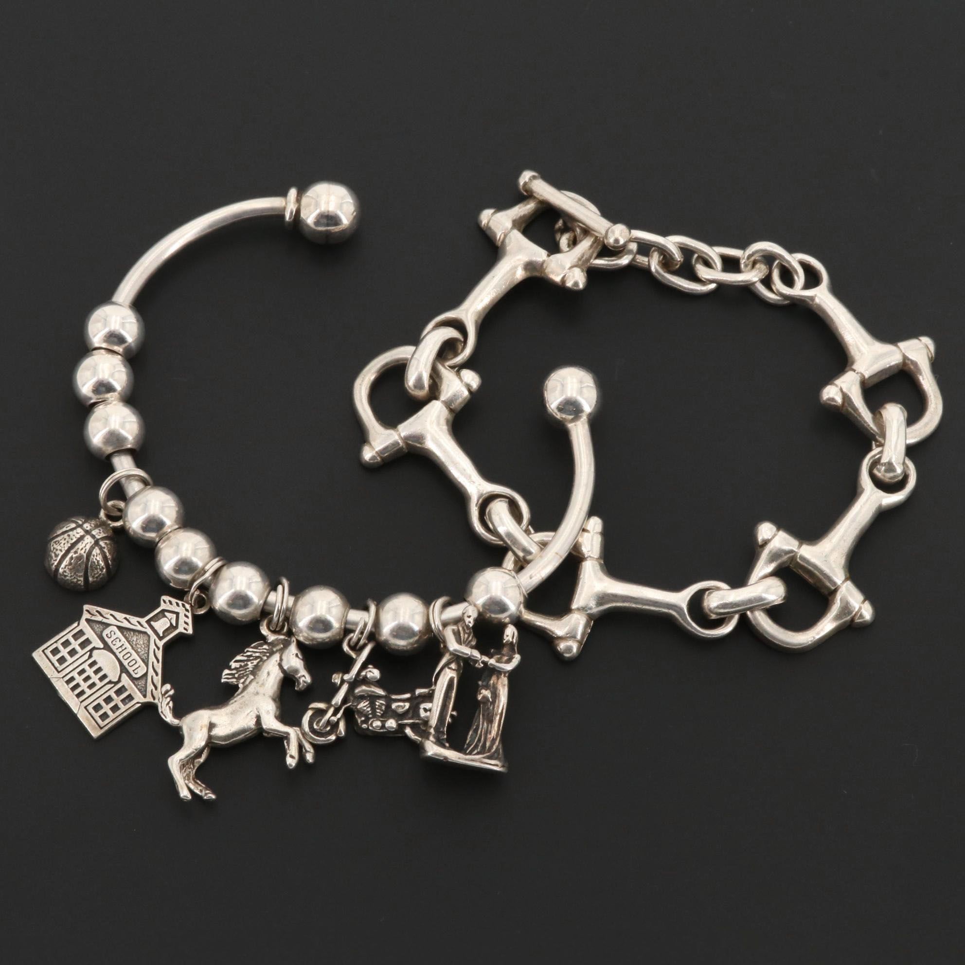 Sterling Silver Bracelets with Horse, Schoolhouse and Motorcycle Charms