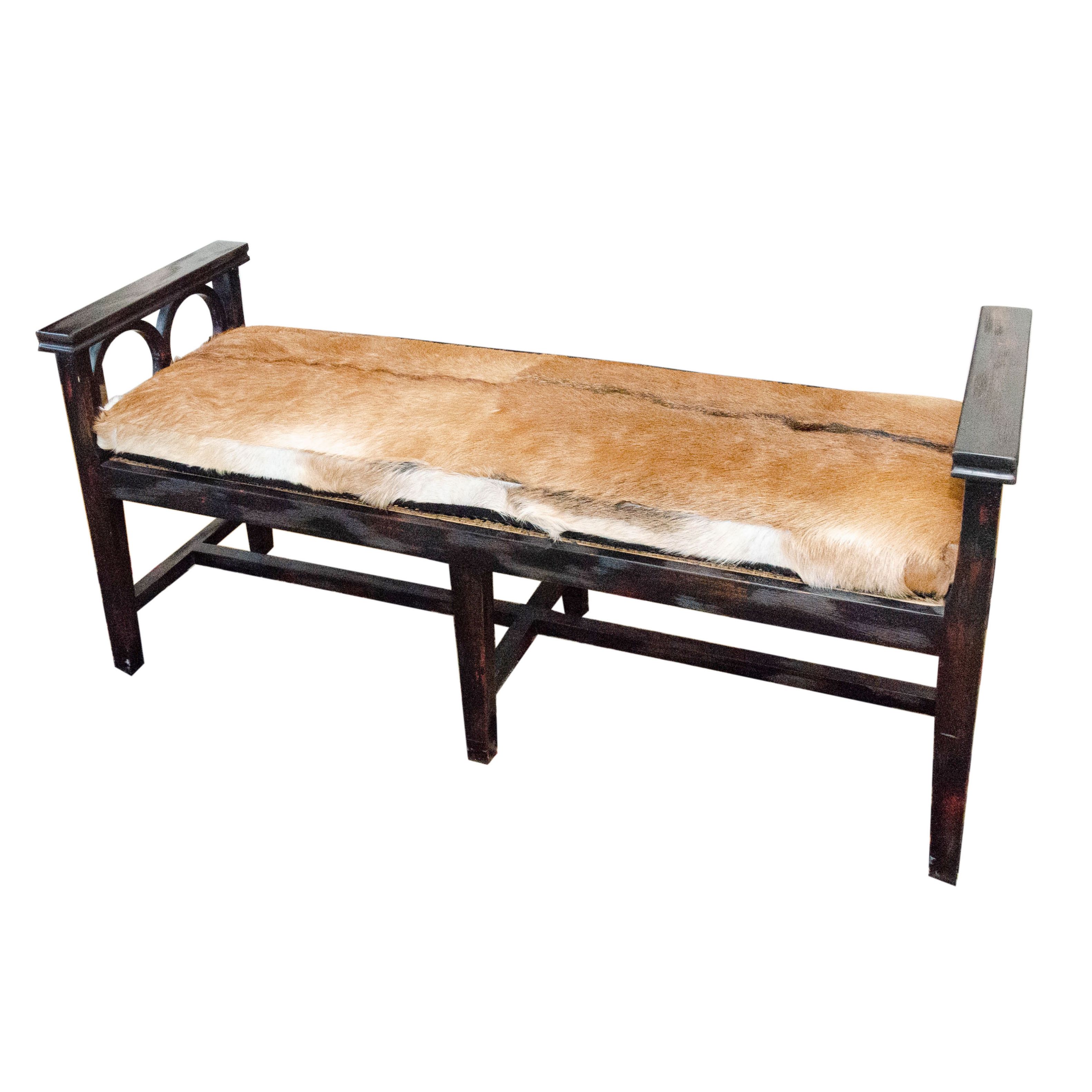 Contemporary Wood Bench with Cane Seating and Bovine Fur Upholstered Seat