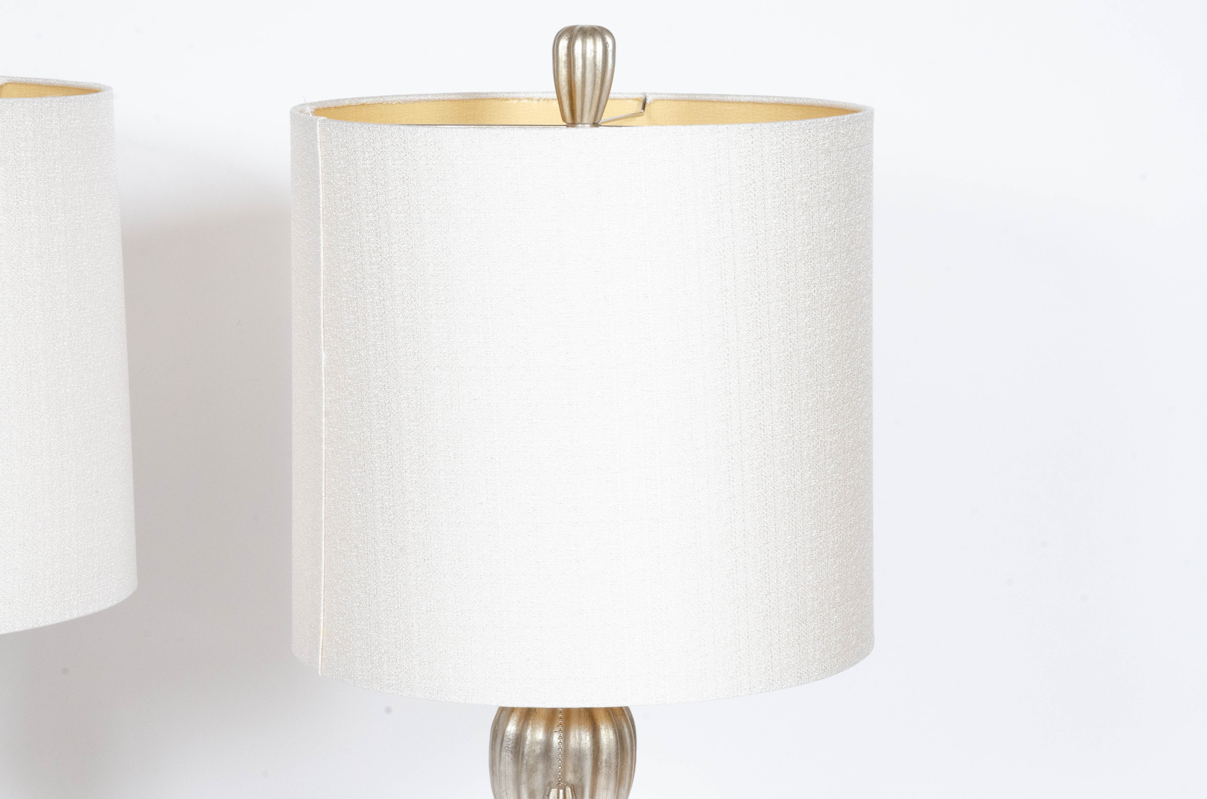 Glass Table Lamps in Satin Silver Finish with Fabric Drum Shades