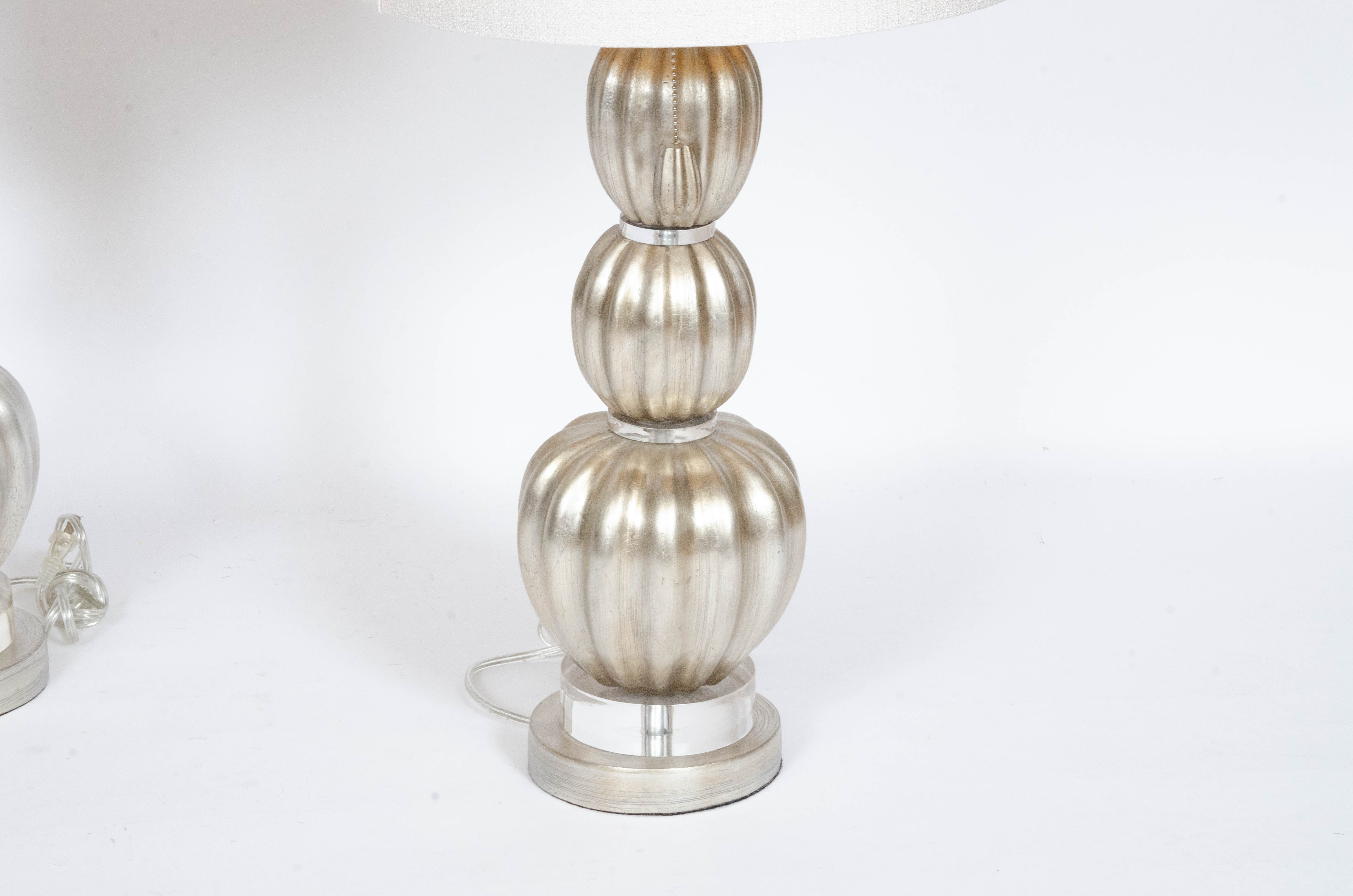 Glass Table Lamps in Satin Silver Finish with Fabric Drum Shades