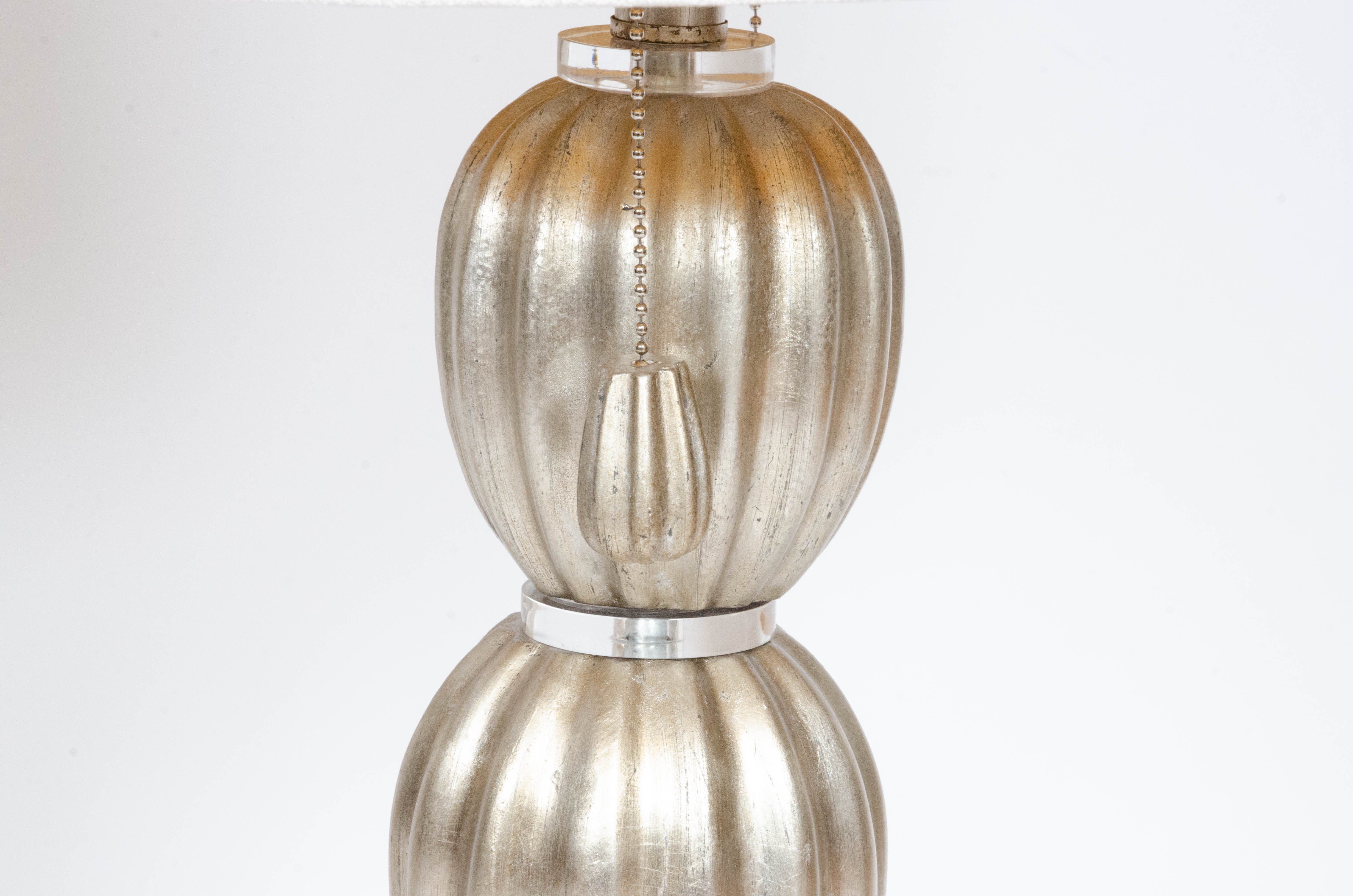 Glass Table Lamps in Satin Silver Finish with Fabric Drum Shades