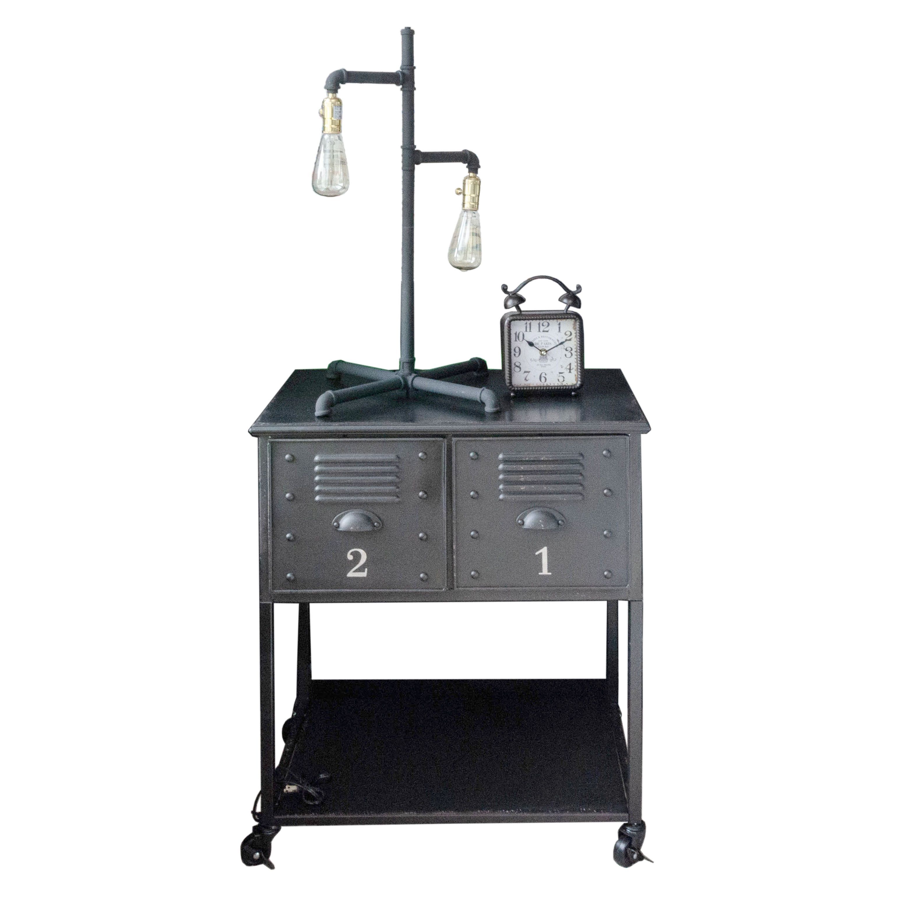 Metal Locker Style Nightstand, Metal Table Lamp and Clock