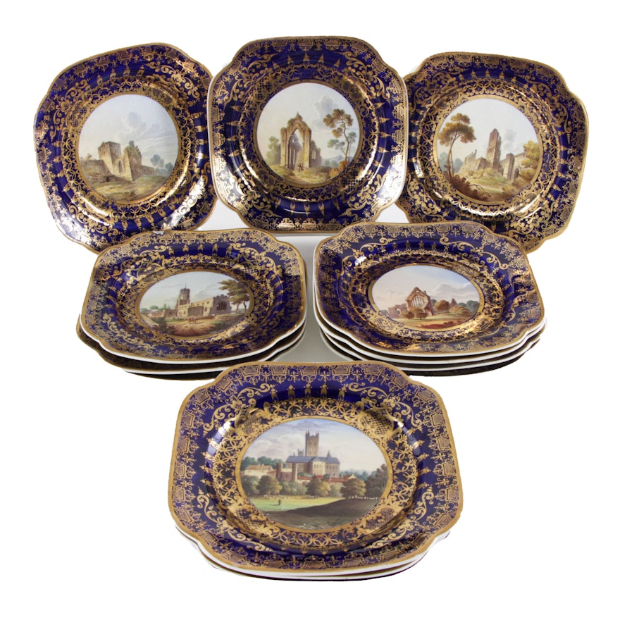 Set of Fourteen Spode Porcelain View Plates, Circa 1820