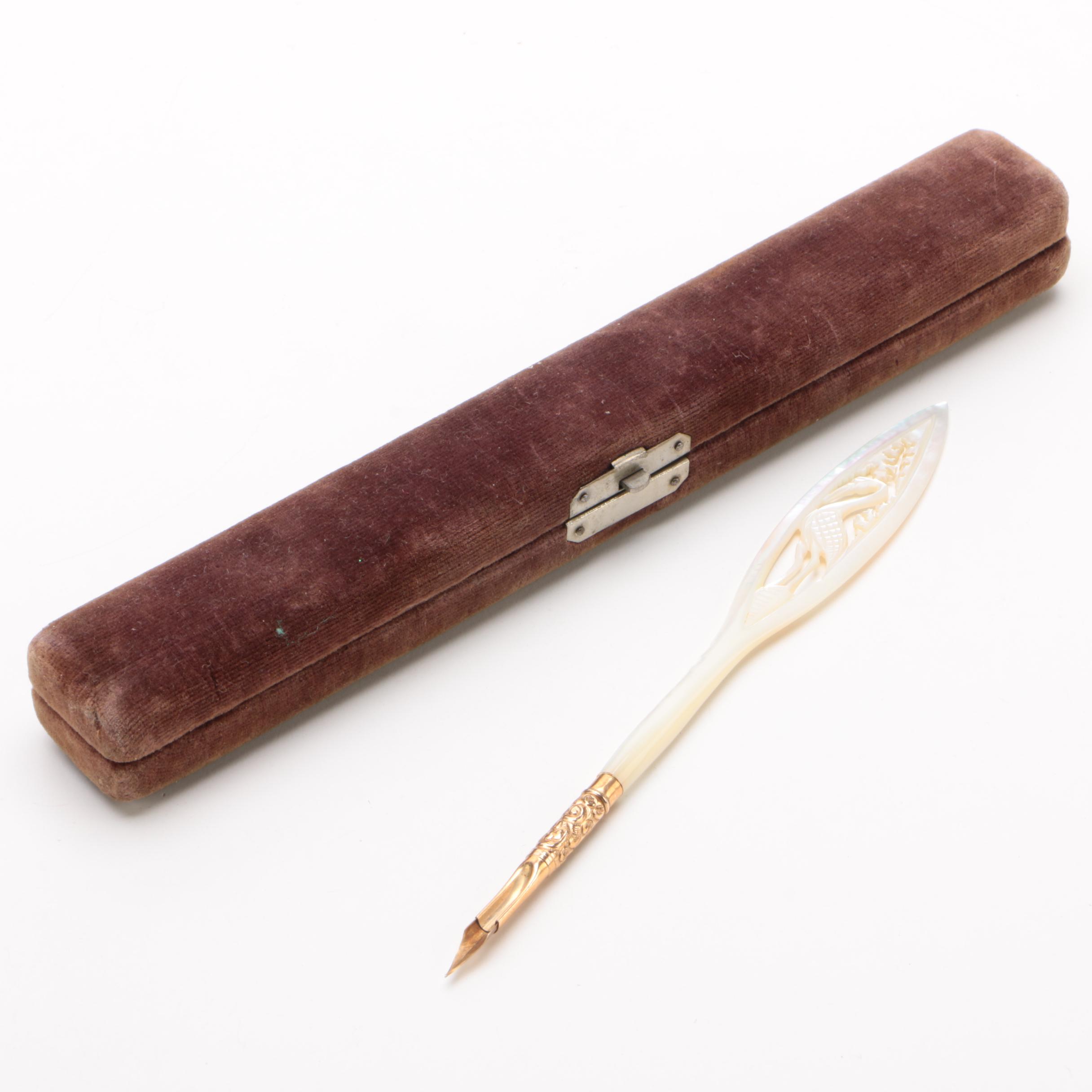 Carved Mother of Pearl Dip Pen with Crane Motif, Late 19th/Early 20th Century