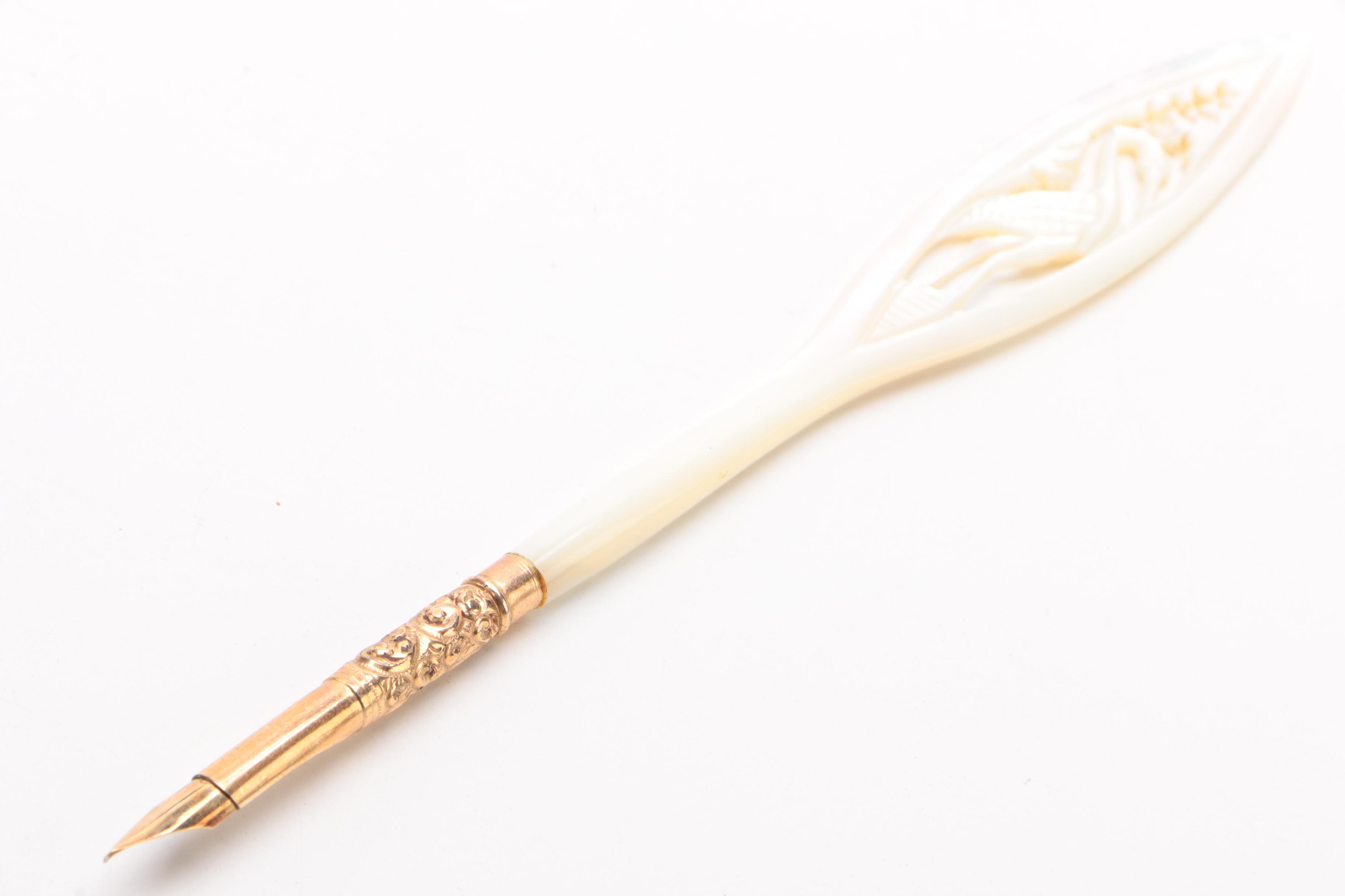 Carved Mother of Pearl Dip Pen with Crane Motif, Late 19th/Early 20th Century