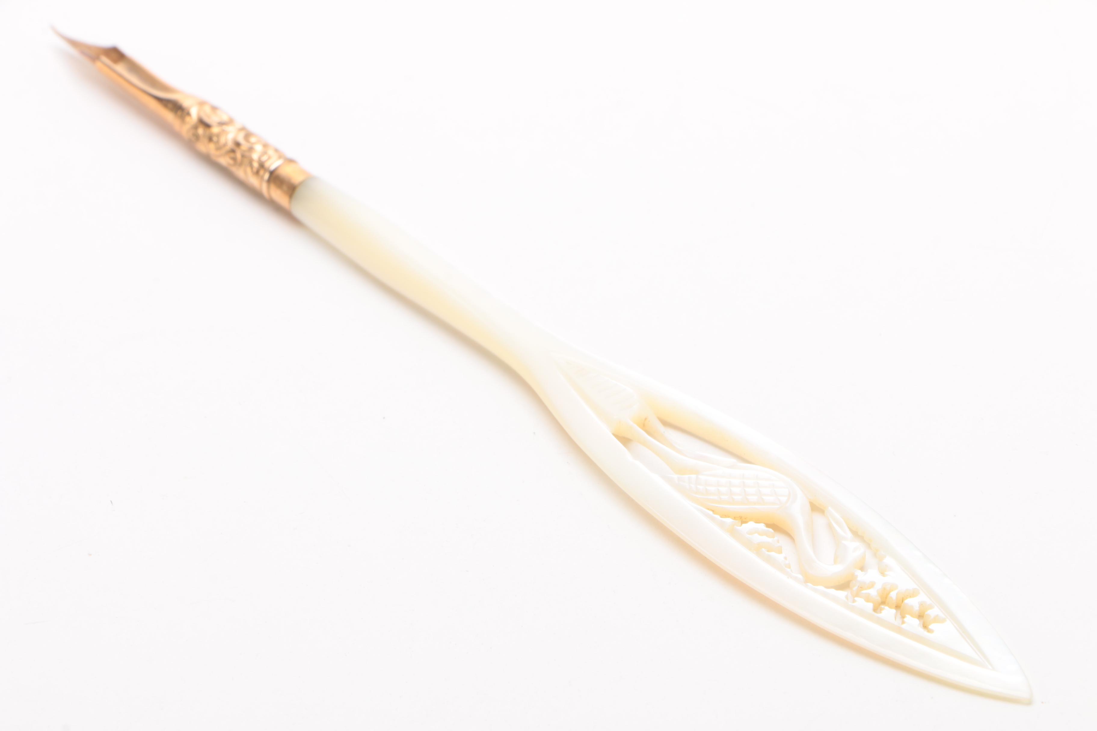 Carved Mother of Pearl Dip Pen with Crane Motif, Late 19th/Early 20th Century