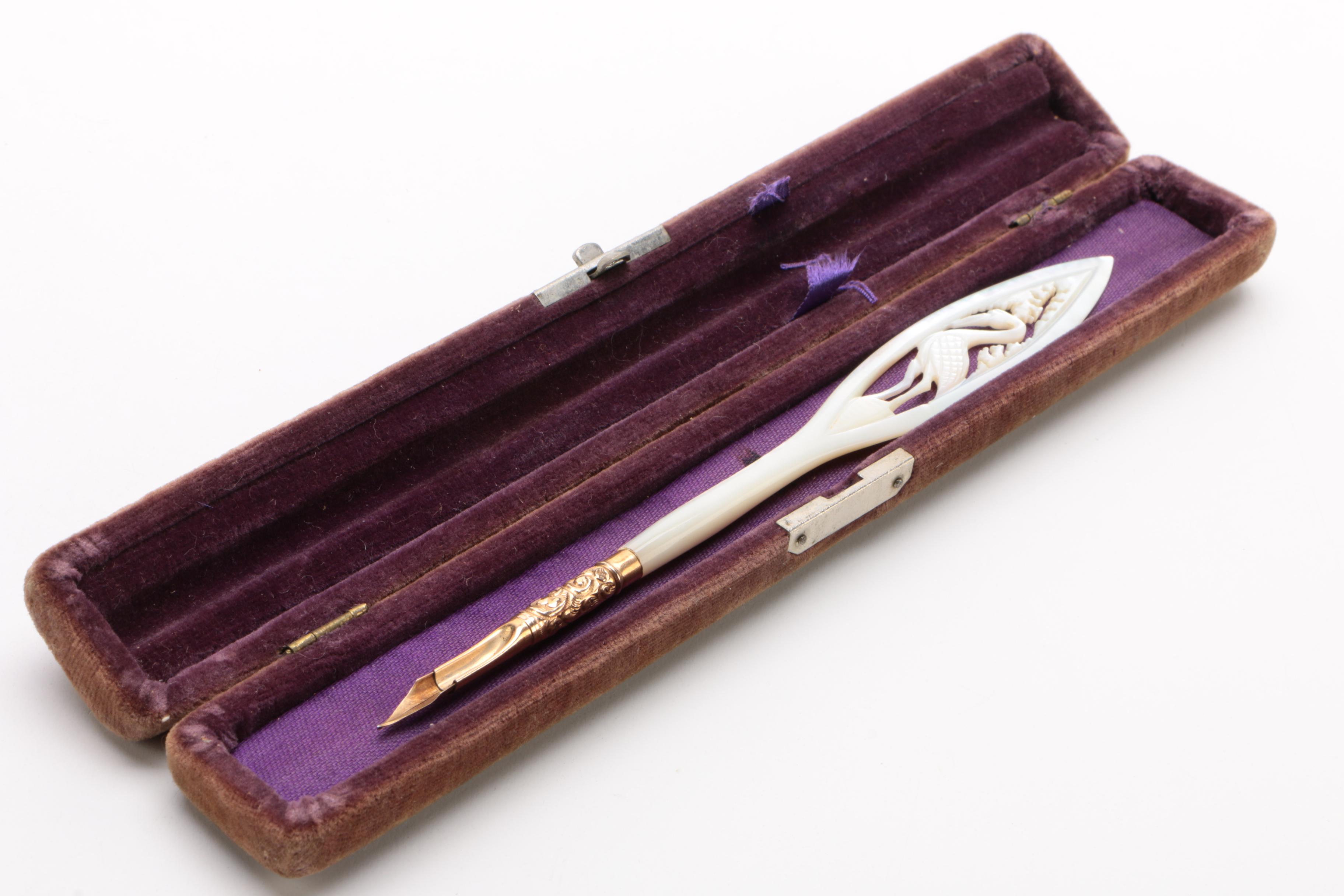 Carved Mother of Pearl Dip Pen with Crane Motif, Late 19th/Early 20th Century