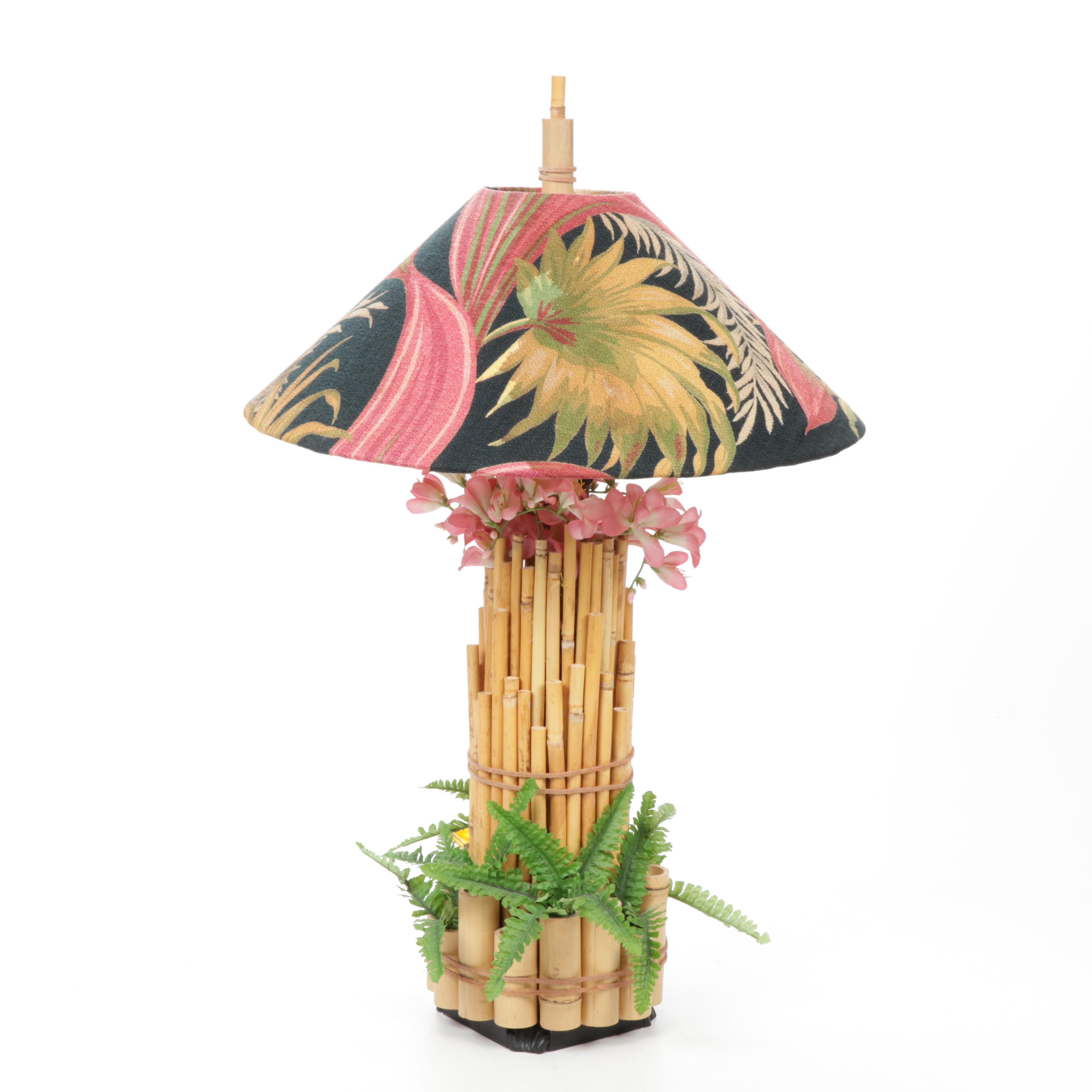Handmade Tiki-Inspired Table Lamp with Bamboo, Silk Flowers and Leather Ties