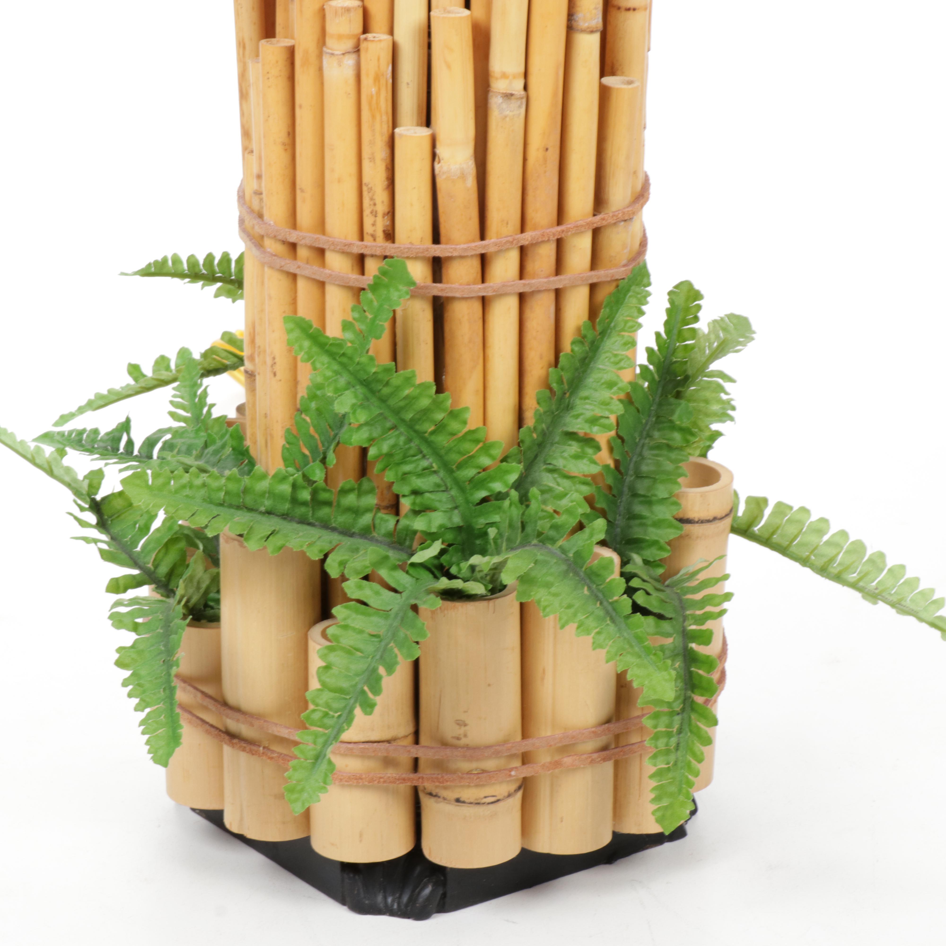Handmade Tiki-Inspired Table Lamp with Bamboo, Silk Flowers and Leather Ties