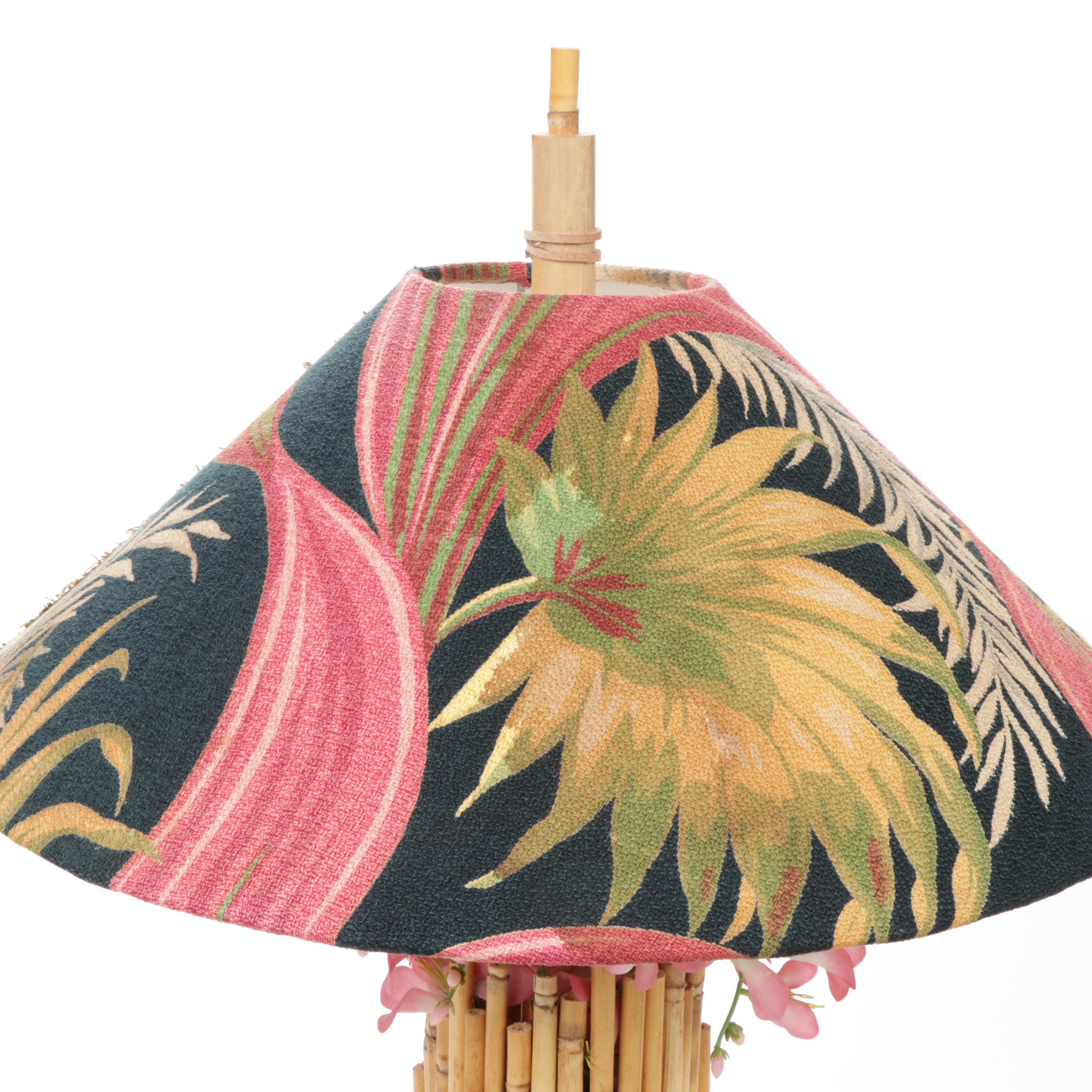 Handmade Tiki-Inspired Table Lamp with Bamboo, Silk Flowers and Leather Ties